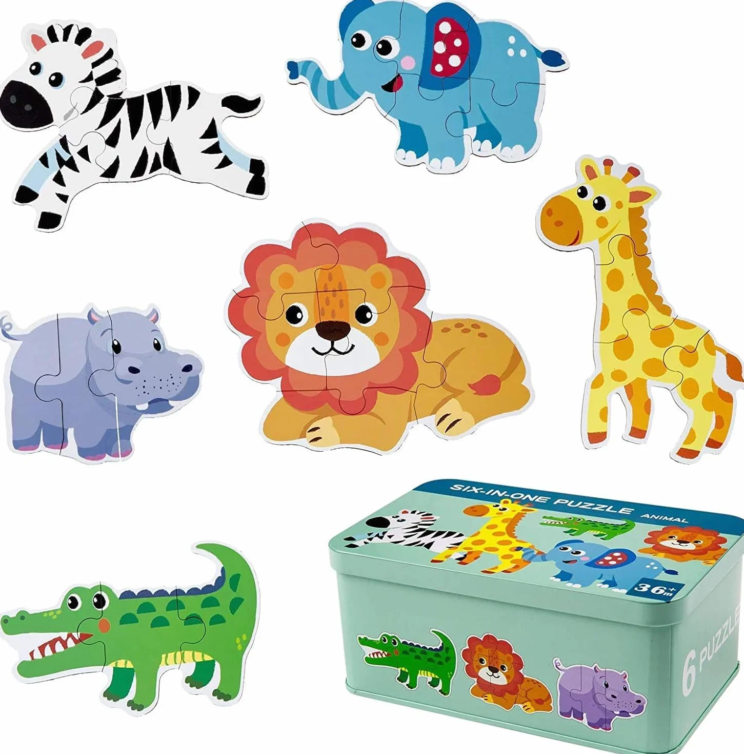 6 Pack Rompecabezas Puzzle Juguetes Bebes para Niños de 1 2 3 4 5 Años, Puzzle, Regalos 3D Patrón Puzles, Montessori Educativos, con Caja de Rompecabezas de Metal - Animal