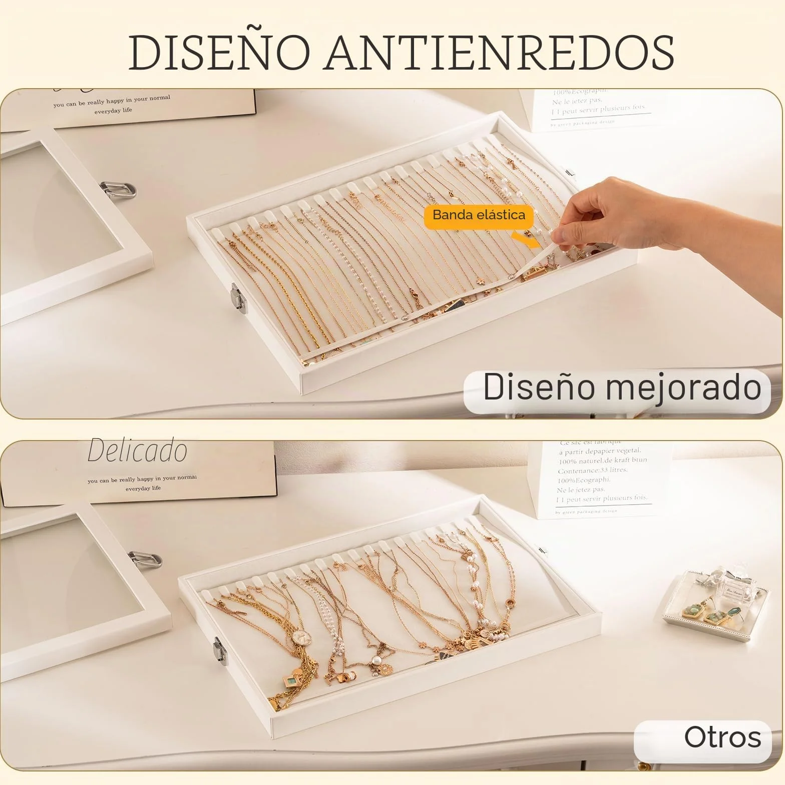 Lolalet Bandeja Organizadora para Collares con Tapa, 18 ganchos para Joyas Caja de Almacenamiento para Cajón -Beige
