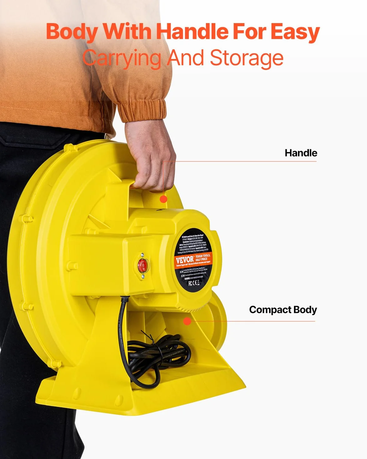 VEVOR Soplador de Aire para Castillos Inflables, 870 W y 950 W, 1,3 HP, Bomba Comercial, Ventilador Eléctrico 3300 RPM, Castillos Inflables, Toboganes de Agua, Amarillo, 420 x 240 x 420 mm