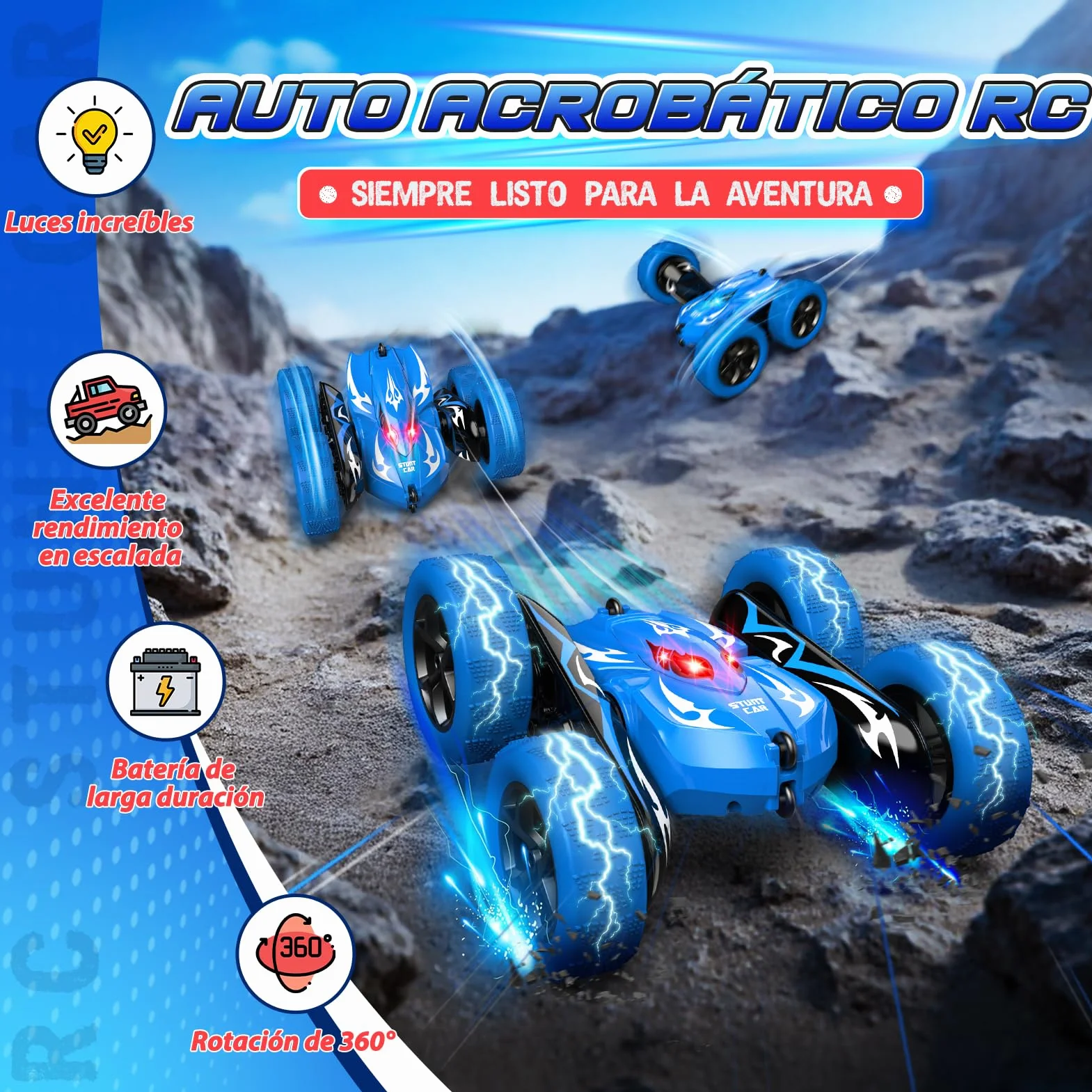 HappyGoLucky Coche Teledirigido 360° Rotación Faros LED 2.4 GHz RC Monster Truck 4x4 Crawler Juguete Regalo Niños 3-8 Años