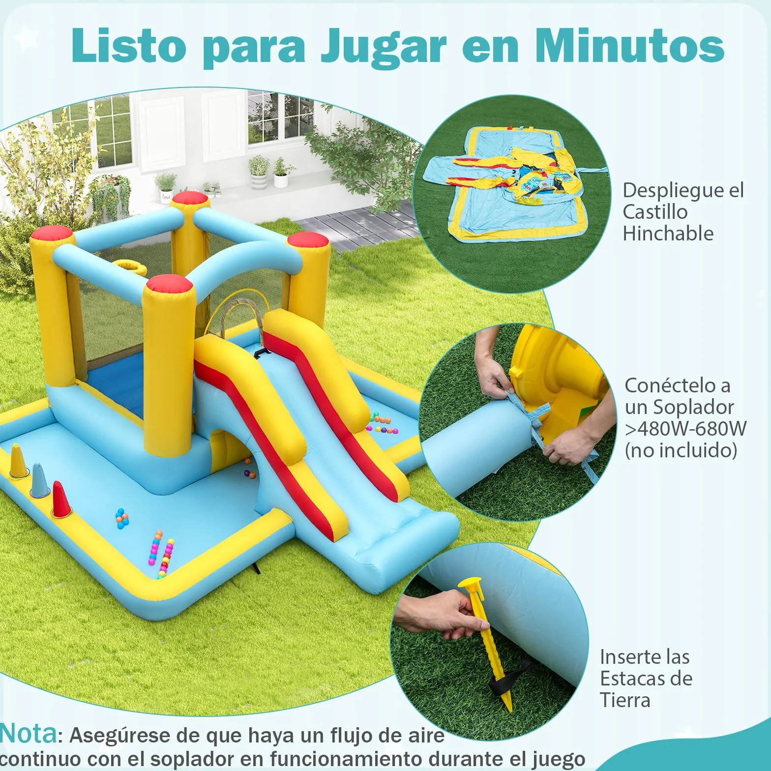 COSTWAY Castillo Hinchable 7 en 1, Grande, 394 x 389 x 194 cm, Niños 3 a 10 Años, Interior Exterior