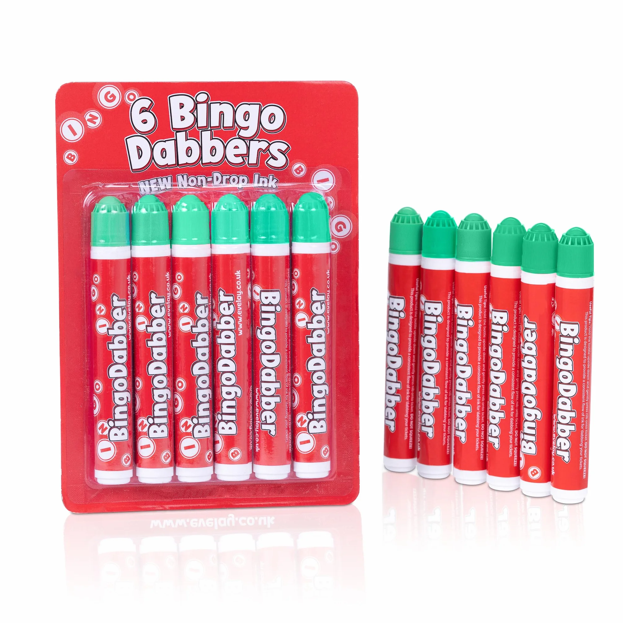 evelay 6 Bingo Dabbers - Marcadores Slimline de 20 ml | Colores surtidos o individuales | Tinta antigoteo para un marcado suave | Verde | Bolígrafos de bingo de larga duración para el hogar o el club