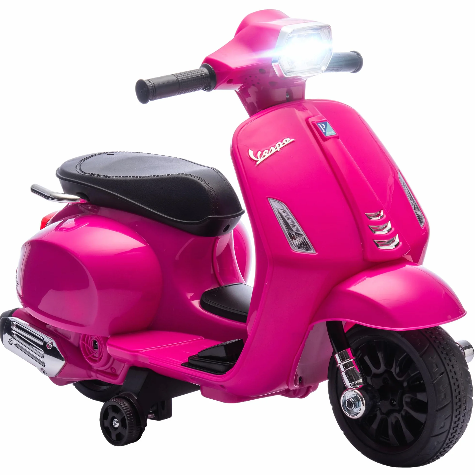 AIYAPLAY Moto Eléctrica para Niños 6V Vespa Licencia, Ruedas Auxiliares 6,9'', 2,5km/h, Faro Bocina, 2-6 Años Rosa