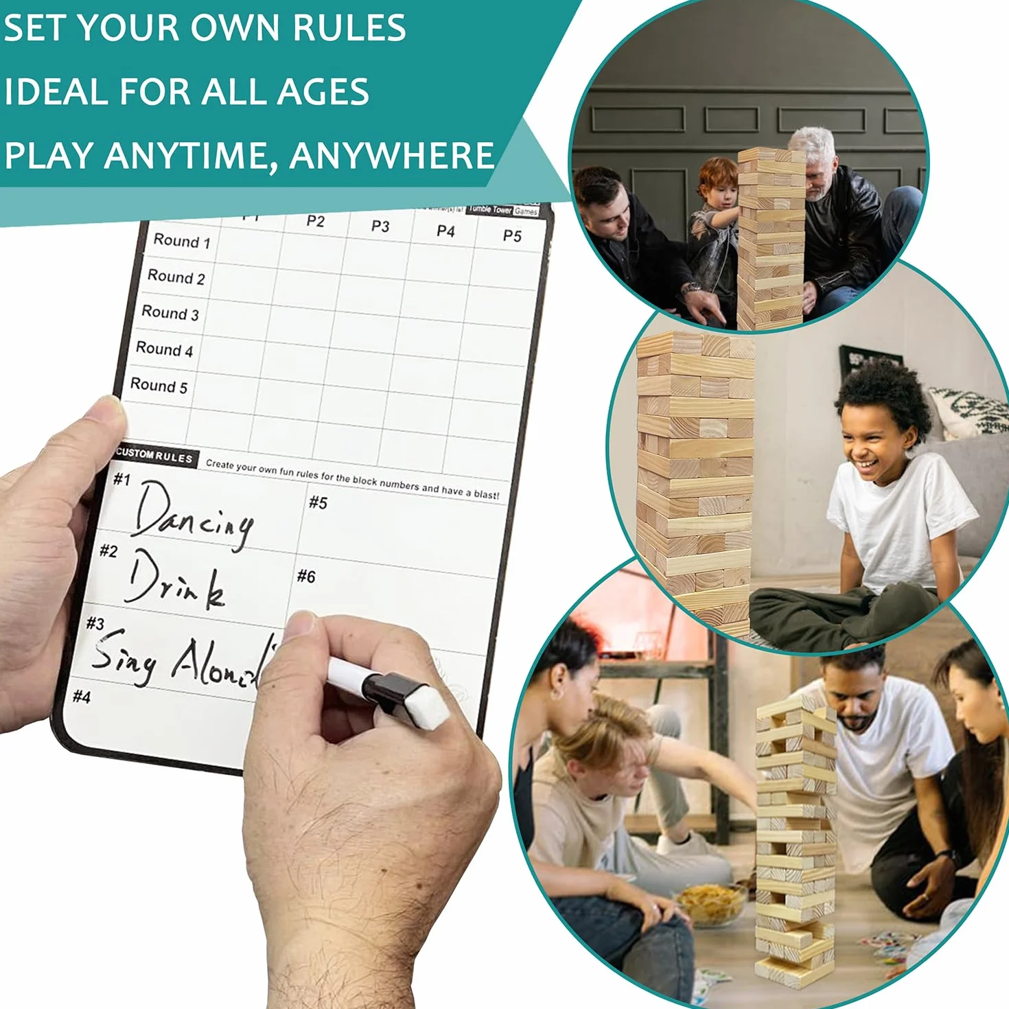 Madera Tumble Tower Game Toppling Block Stacking Game Timber 56 Pcs Outdoor Yard Games for Family (Large-1.87ft)