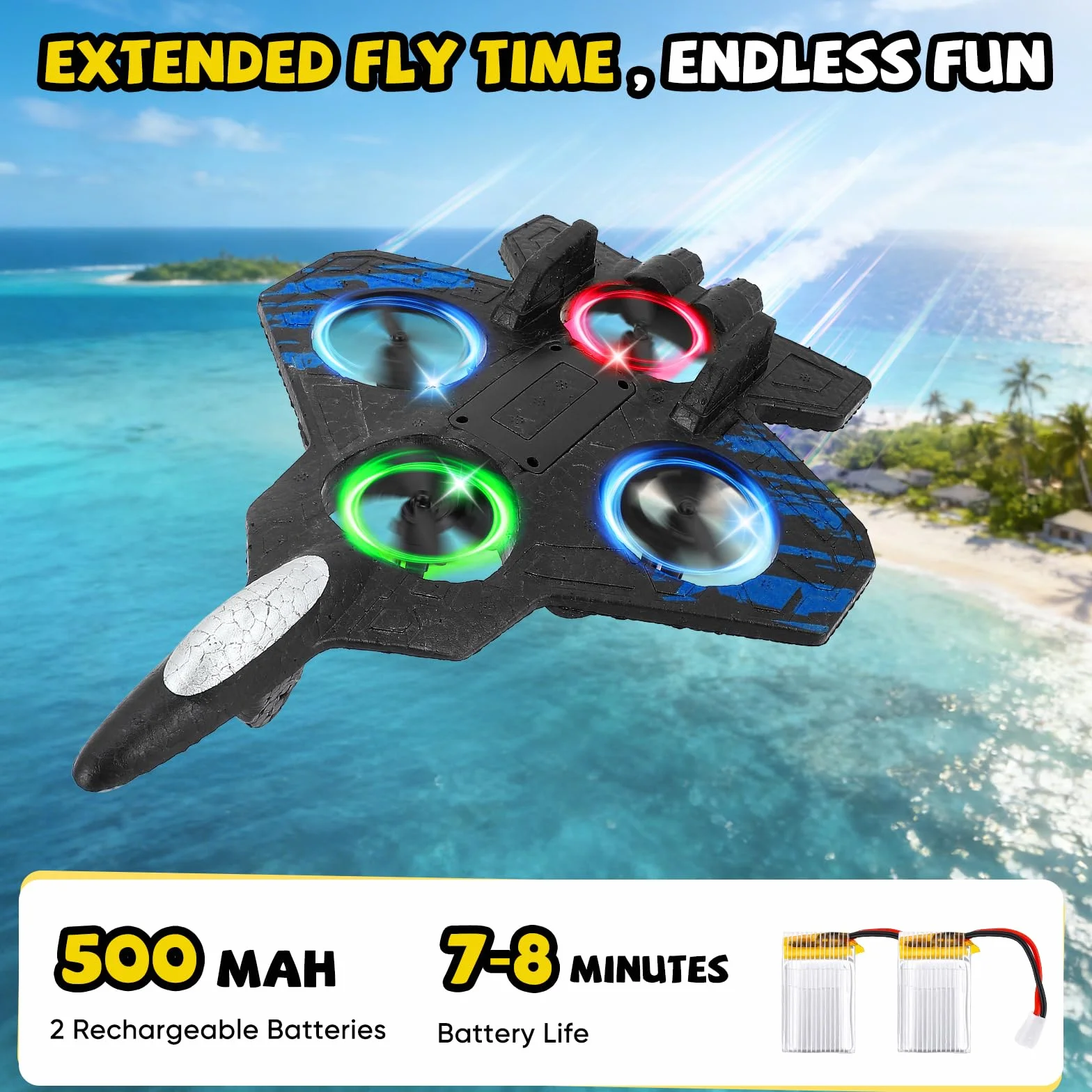 Avión de control remoto, doble control (mando a distancia y mando a mango), RC Avión 360° Rotación, 3 velocidades, con luz LED y hélice de repuesto, avión exterior para niños (azul)