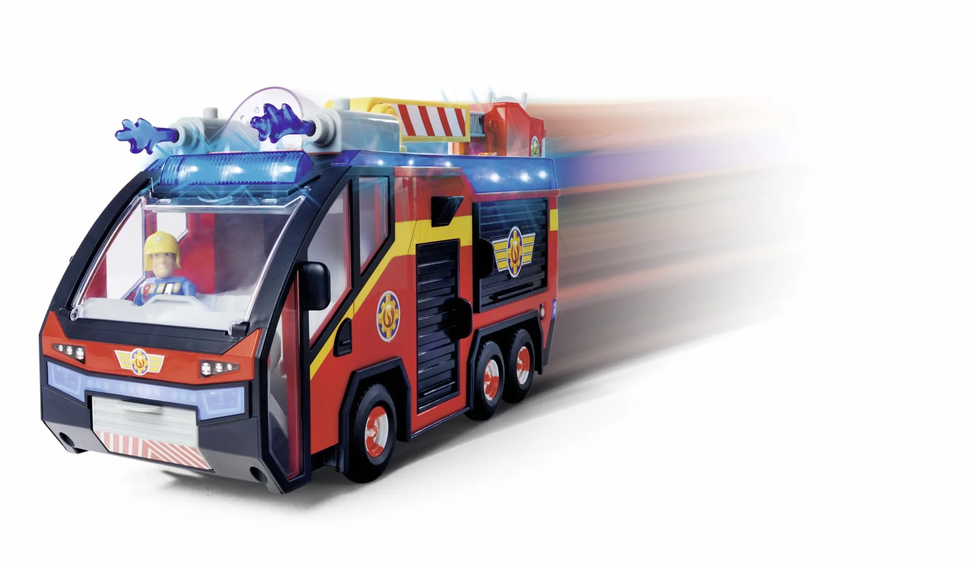 Simba 109252595 Figura de Júpiter Bombero, camión de Bomberos, Sam y Radar, Efectos de luz, Sirena, Escalera giratoria, Flechas de Agua, Plataforma para Quad, 32 cm, Accesorios, a Partir de 3 años