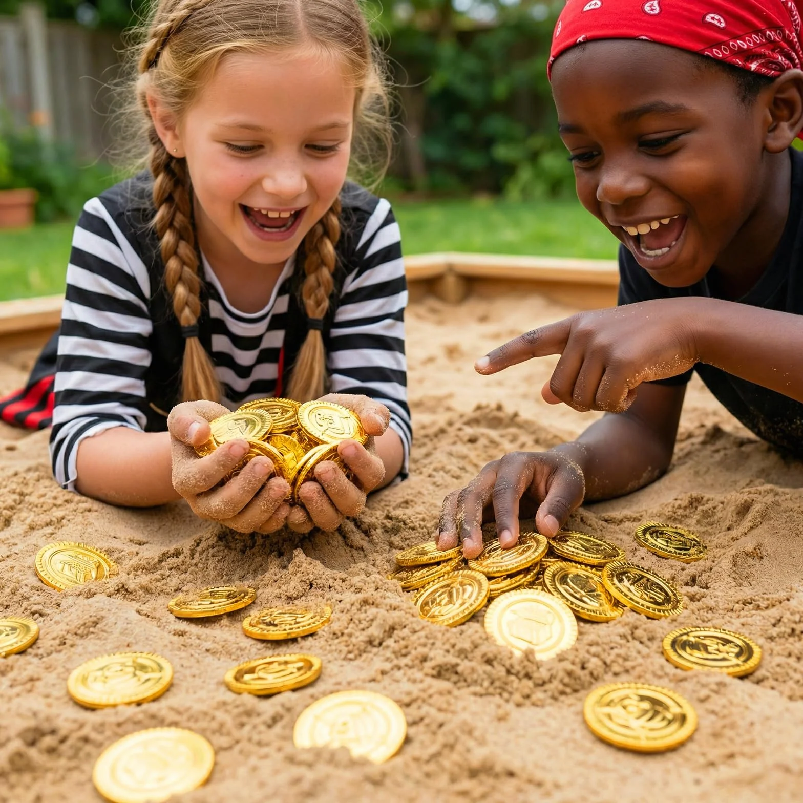 100 Piezas Piratas Monedas Juguete plástico Set | con Caja Transparente | Búsqueda del Tesoro Monedas de Oro, | Ideal para Decorar Fiestas de cumpleaños, sorteos de la Suerte, etc.