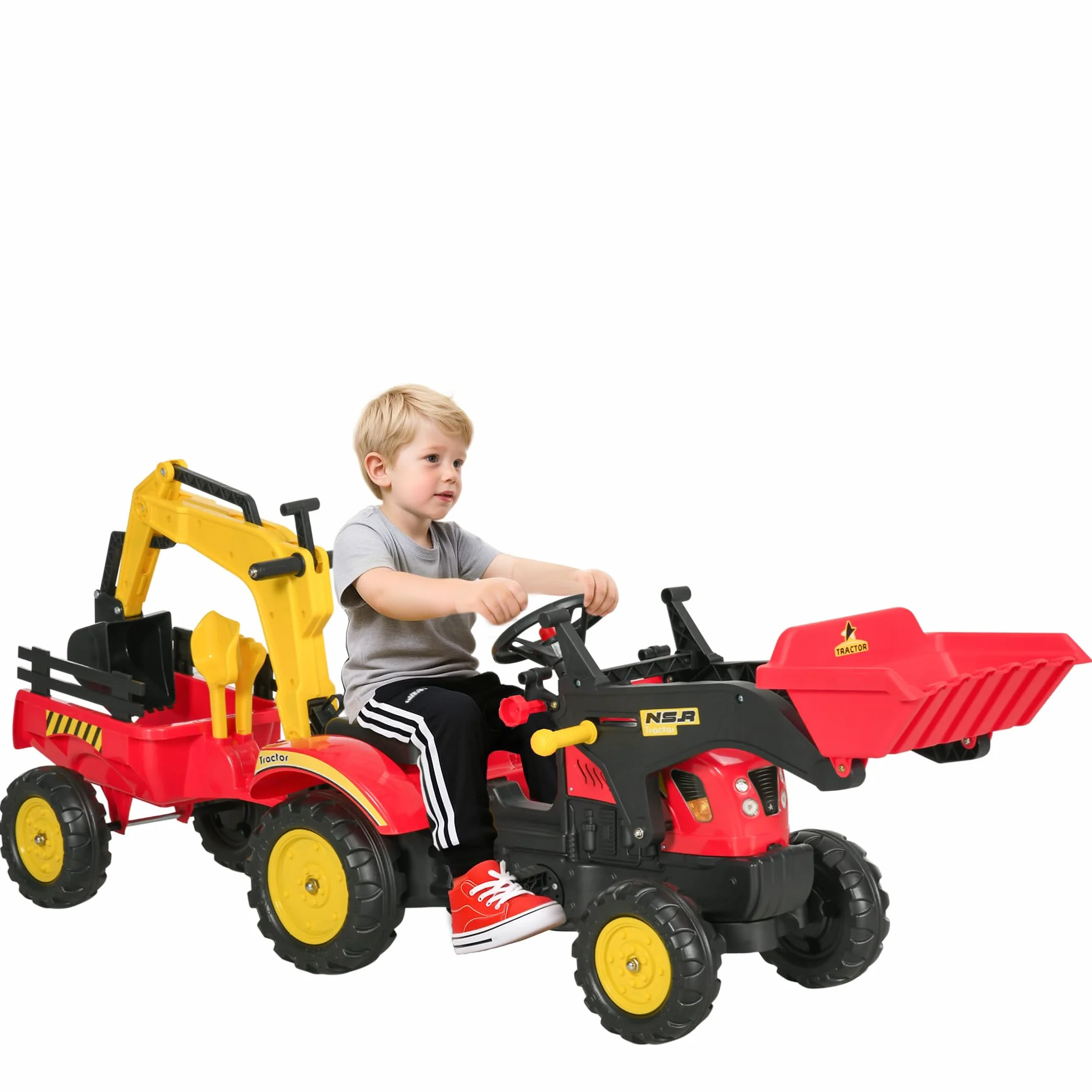HOMCOM Tractor a Pedales con Remolque Excavador con Pala Frontal Juguete de Conducción para Mayores de 3 Años Dirección y Palas Fáciles de Controlar Soporta hasta 35 kg 179x42x59 cm Rojo