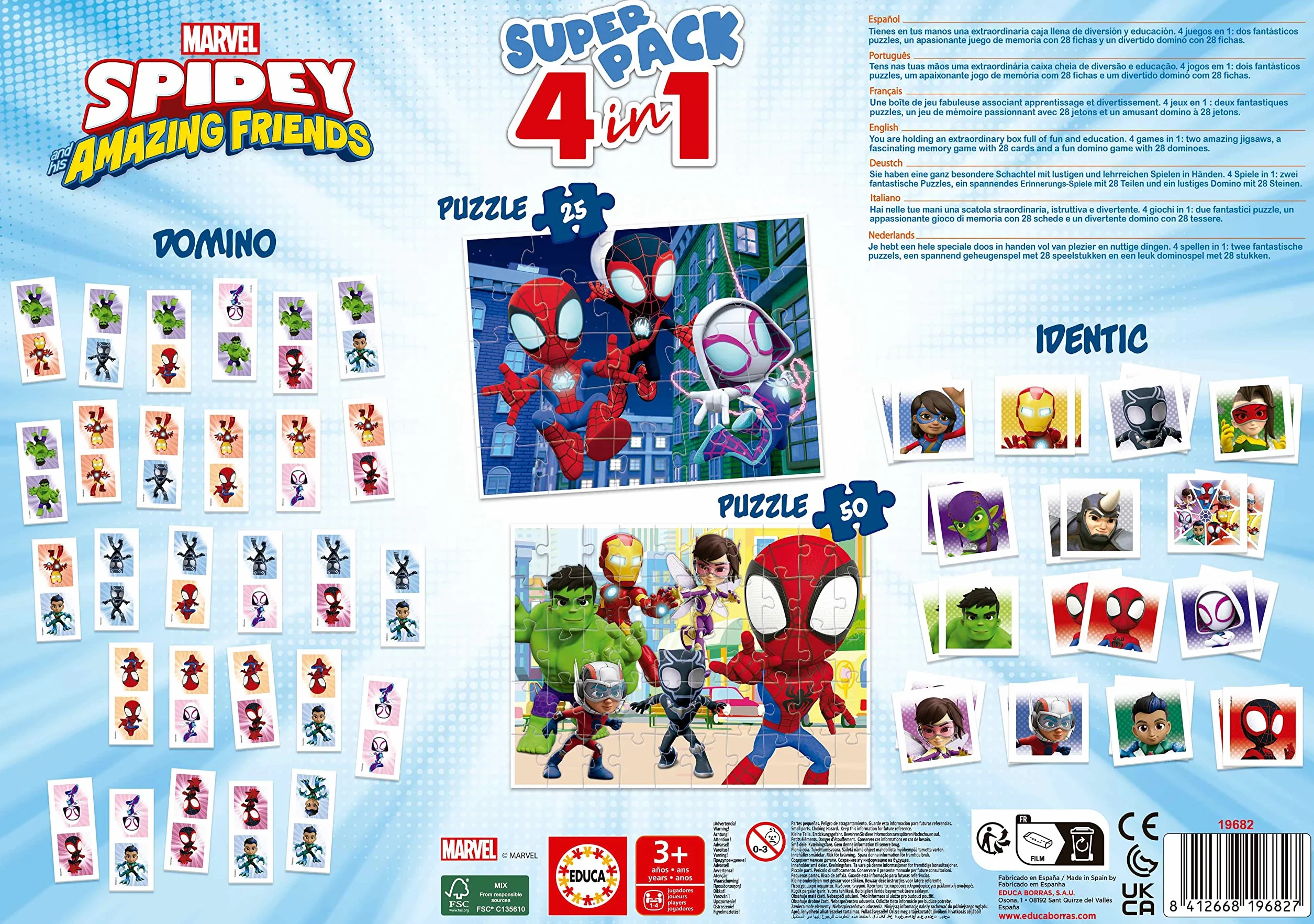 Educa - Superpack Spidey y Sus Increíbles Amigos 4 en 1 | Puzzles, Dominó, Memory | 2 Puzzles 25 y 50 Piezas, Dominó 28 fichas, Identic 28 Cartas | Juego niños 3 años (19682)