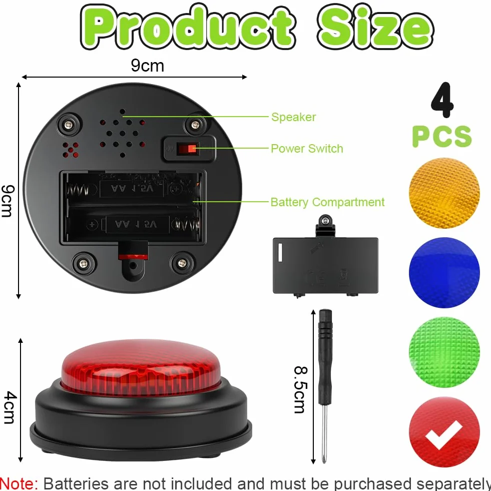 Botones de Respuesta, Accesorio para Quizz Timbre Luminoso y sonoro, Color Surtido, 4 Unidades, Juegos Educativos Regalos