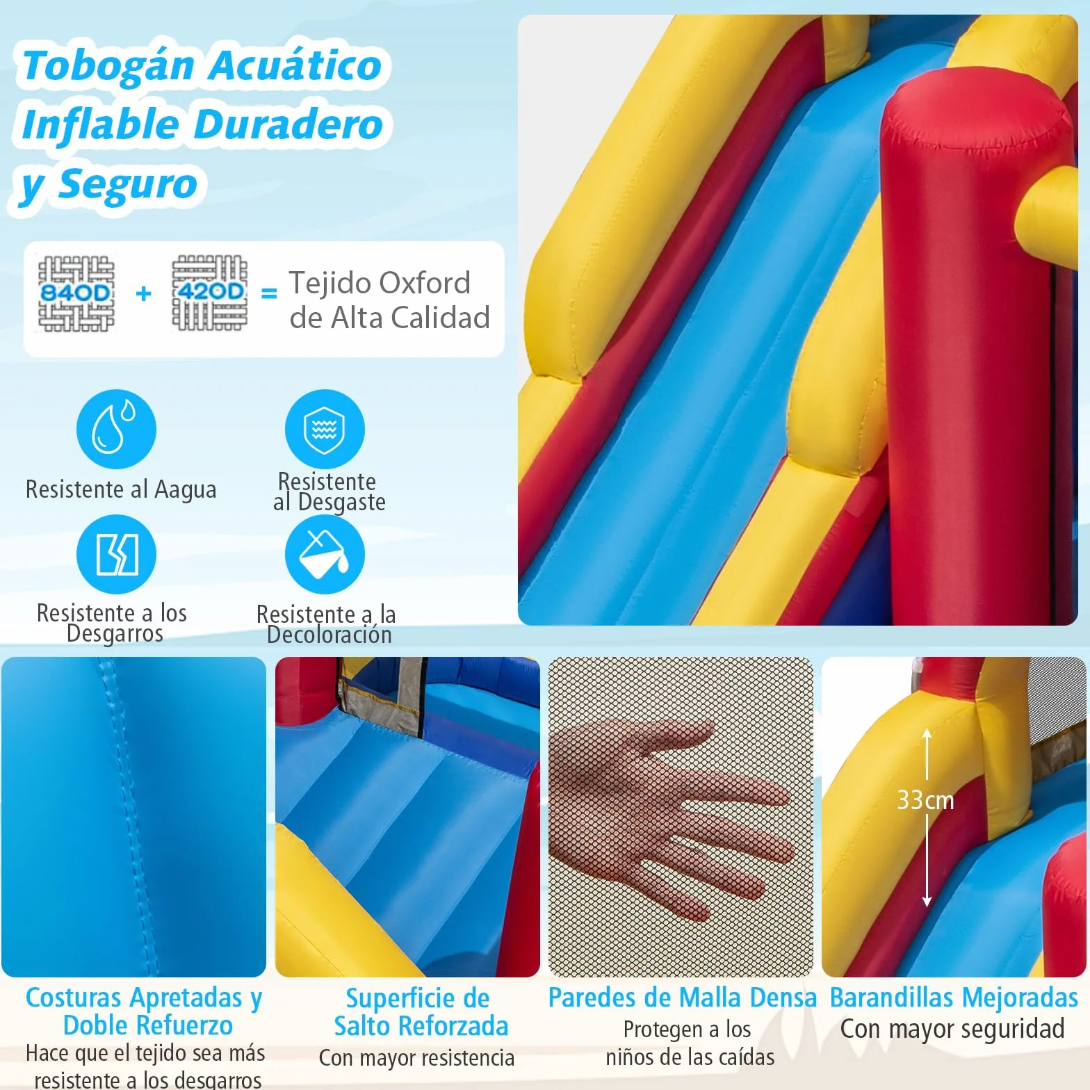 COSTWAY Castillo Hinchable Grande, Parque Acuático Infantil con Doble Tobogán, 2 Piscinas, Área de Salto y Aro de Baloncesto, 450 x 392 x 216 cm, para Jardín Patio, Multicolor (sin Soplador)