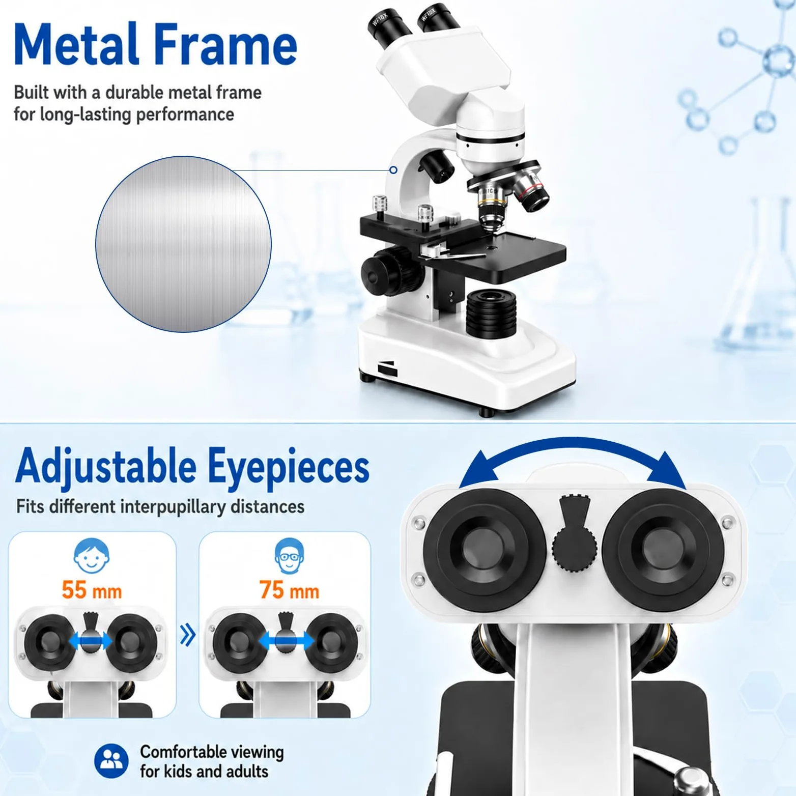 Microscopio Binocular Profesional para Estudiantes Y Adultos: 40x-1000x Cuerpo Metálico 2 Oculares WF Sistema De Iluminación Dual Accesorios Completos para Principiantes Y Estudiantes