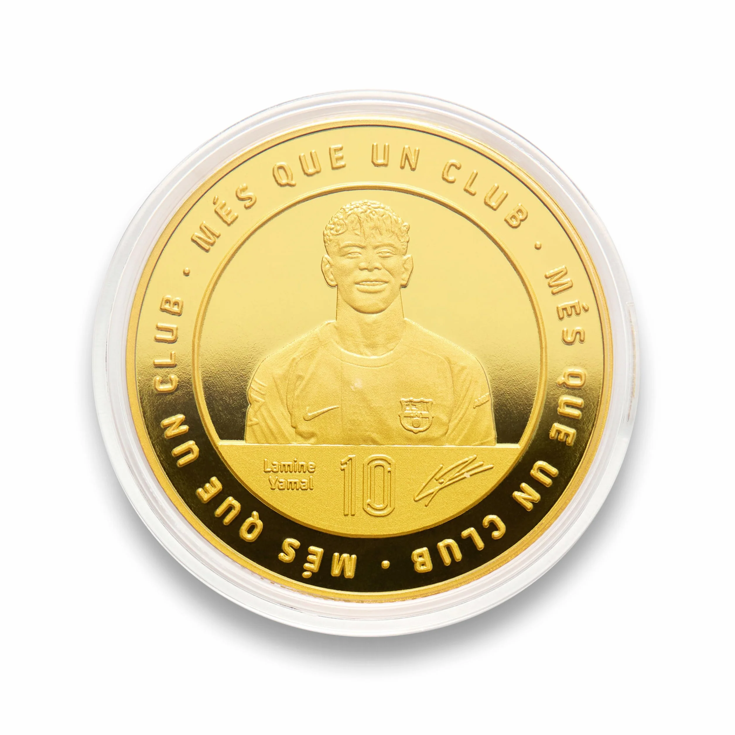 FC Barcelona - Moneda edición Especial con Escudo y Retrato en Relieve de Lamine Yamal, acompañado del número 10 y su Firma grabada - Coleccionable - Dorada - Producto Oficial