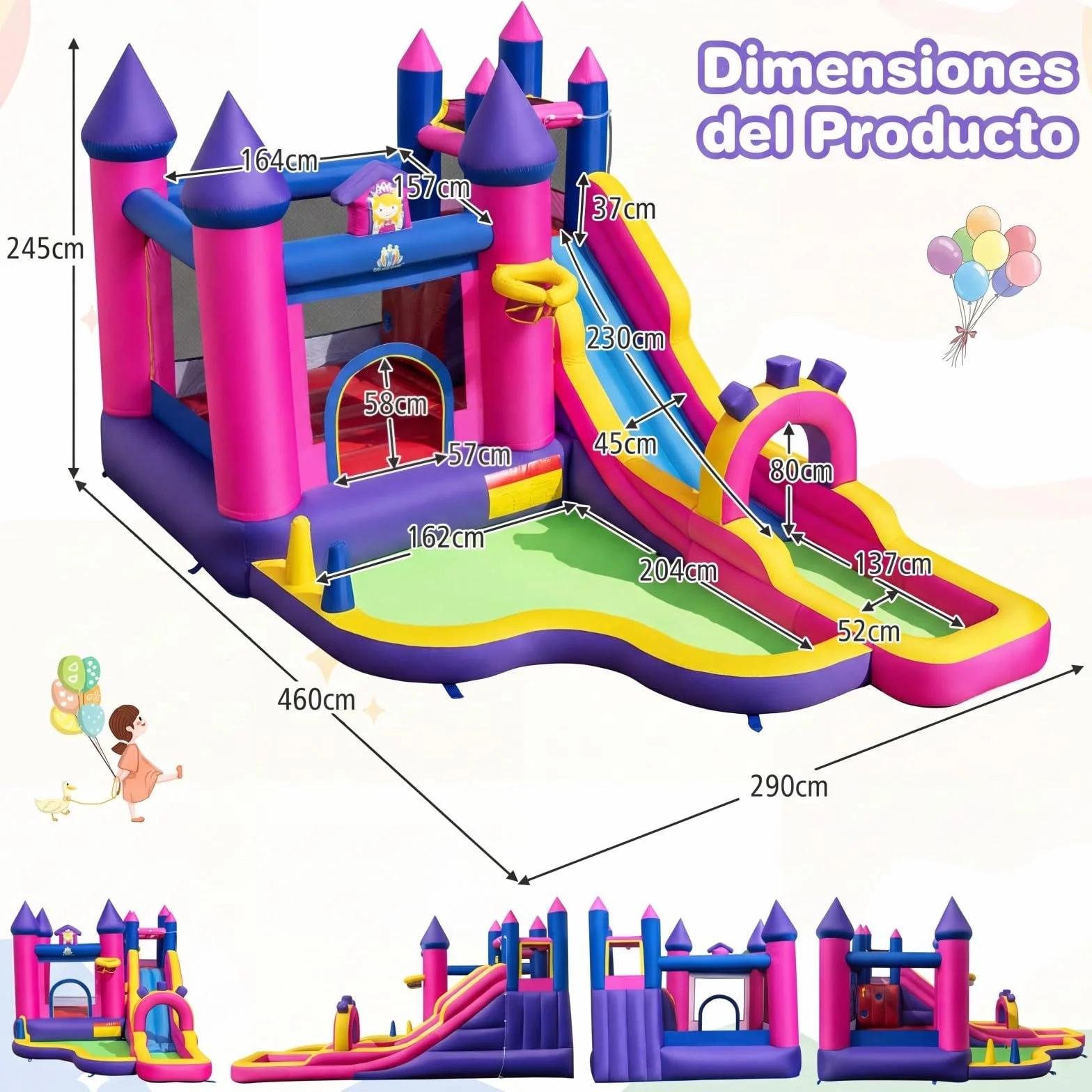 COSTWAY Castillo Hinchable para Niños, Parque Infantil Acuático Tema de Princesas con Tobogán Largo, Canasta de Baloncesto, insuflavel criança para Niños, Jardín, Césped, 460x290x245 cm (sin Soplador)