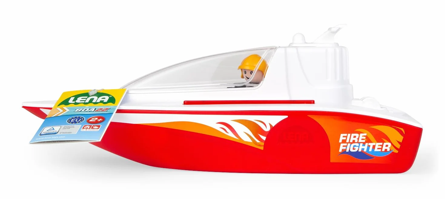 Lena - BOAZZ Barco de Fuego 36 cm, Barco de Juguete Adecuado para Uso en Interiores y Exteriores, para niños a Partir de 2 años, Cabina abatible, Dos Asientos más Figura de Juego