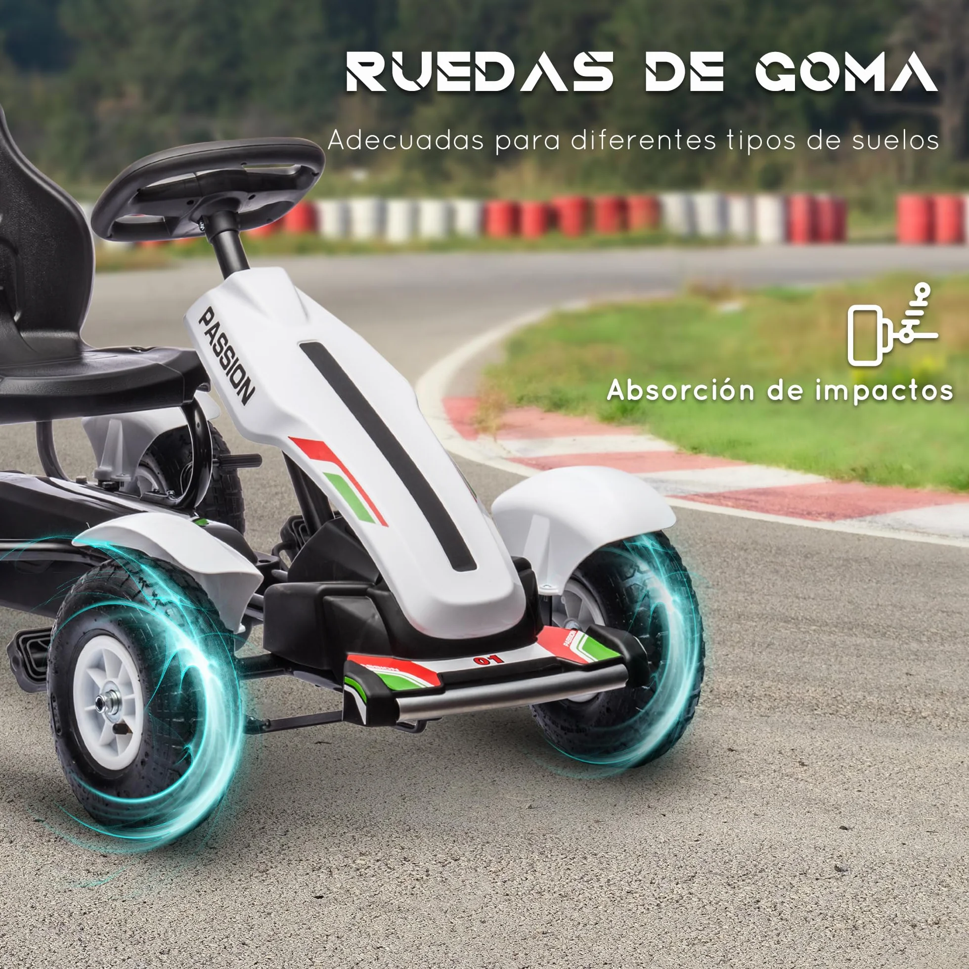 HOMCOM Go Kart a Pedales para Niños de +5 Años Coche de Pedales Infantil con Asiento Ajustable Neumáticos de Goma Freno de Mano para Niños y Niñas Carga 50 kg 121x58x61 cm Blanco