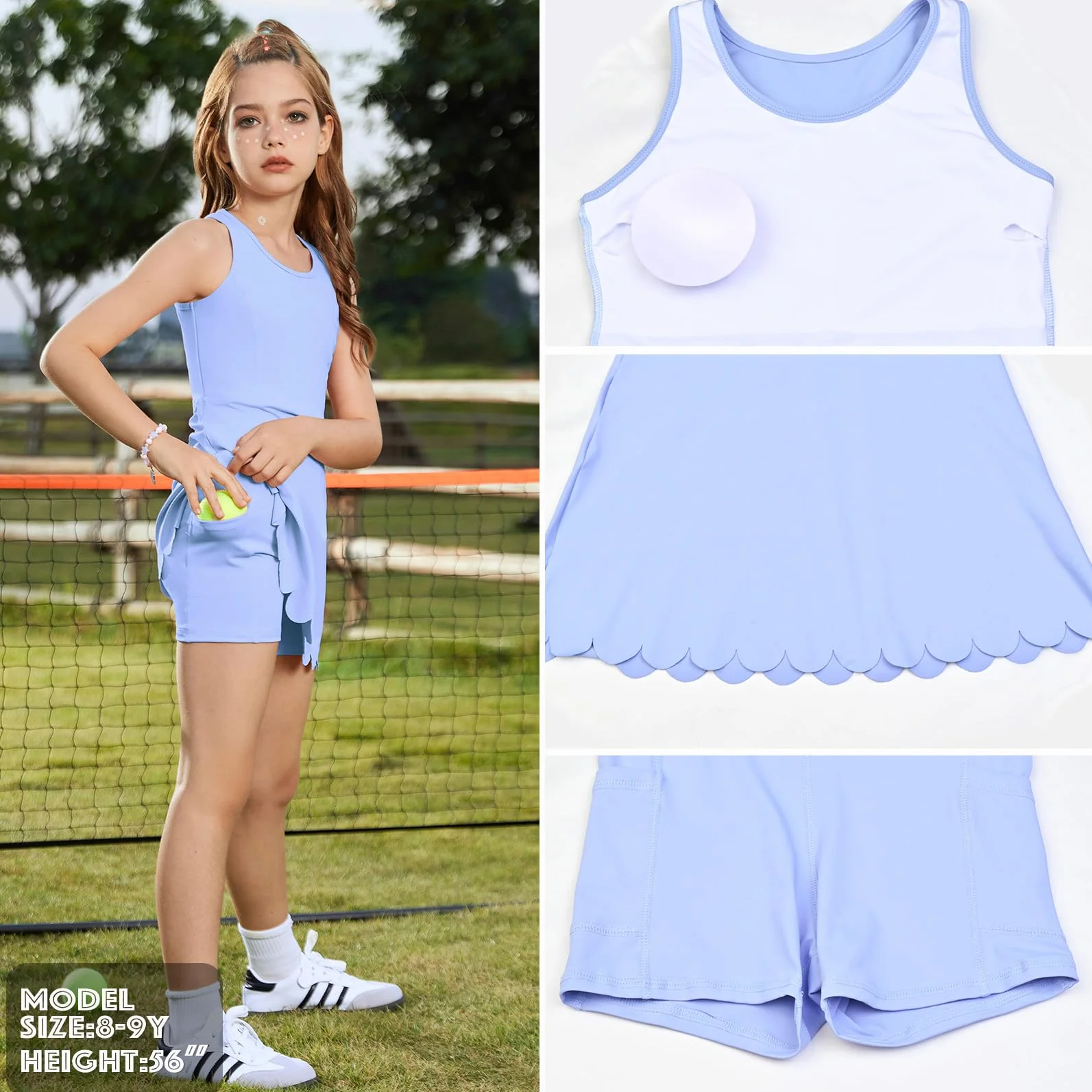 Vestido de tenis sin mangas para niñas con brasier integrado desmontable y bolsillos