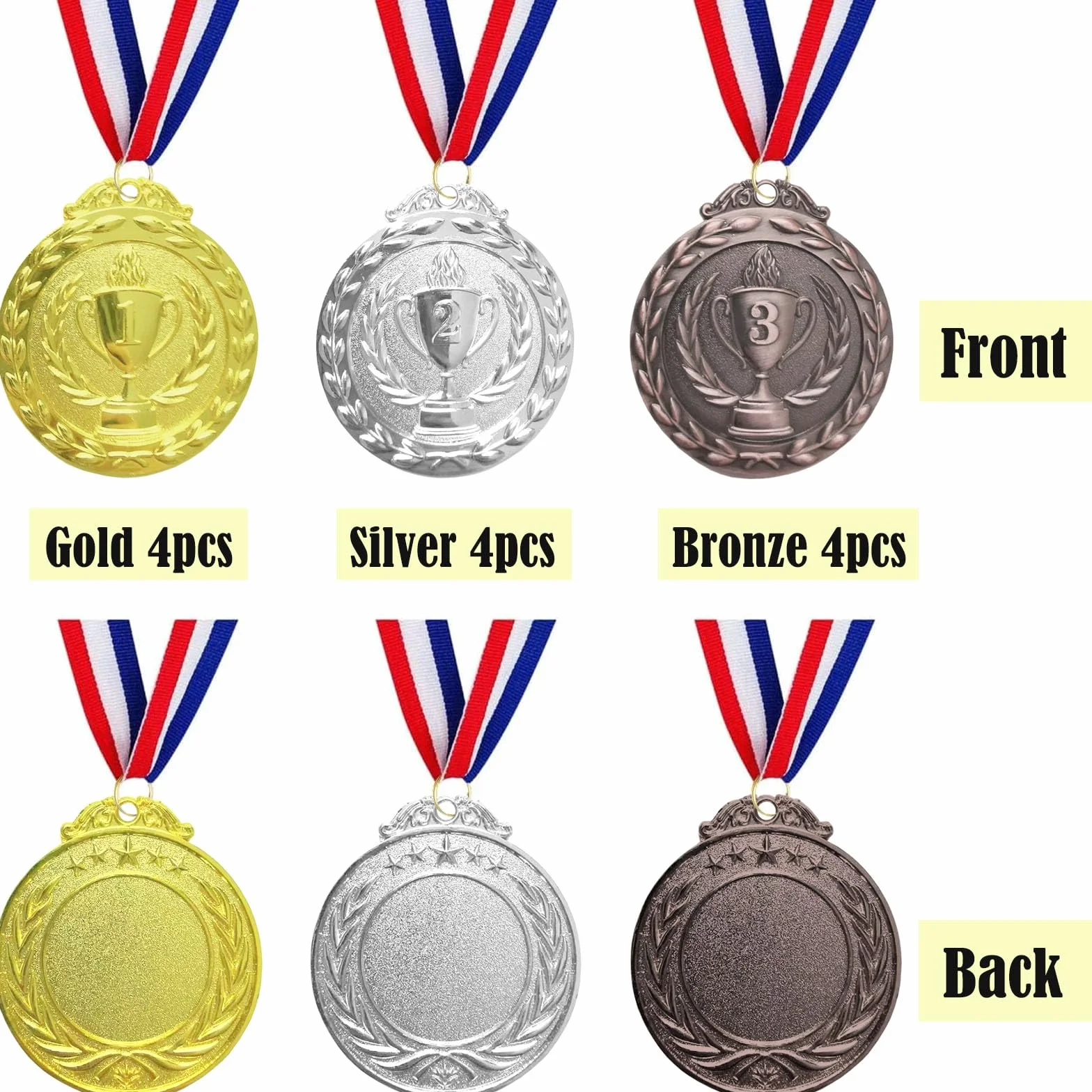 Medallas de premio bronce plateado dorado con cintas para el cuello, paquete de 12 para niños competiciones fiestas deportes