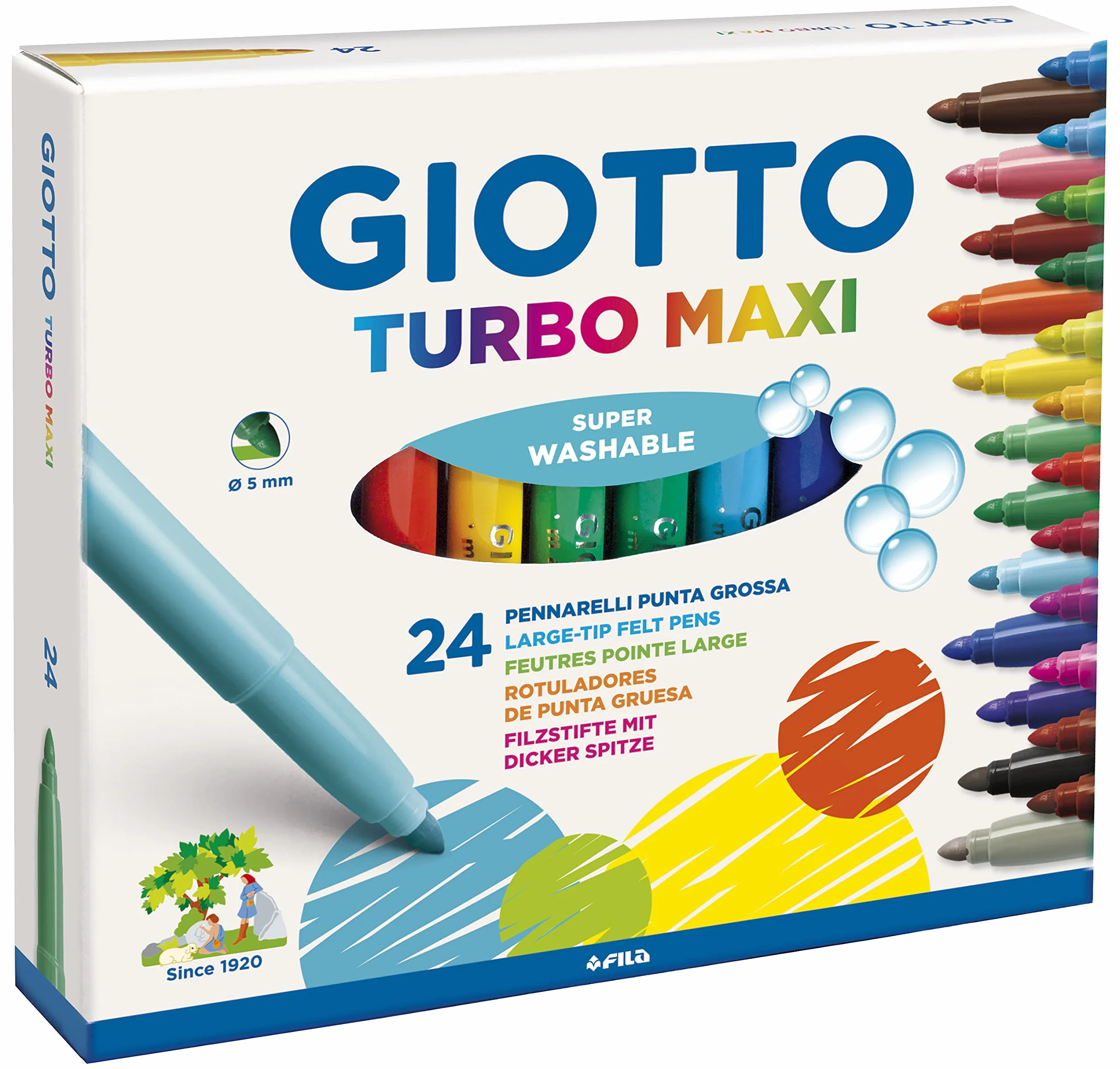 GIOTTO Turbo Maxi, Rotuladores Súper Lavables, Punta Maxi, Punta 5mm, Colores Surtidos, 24 uds.