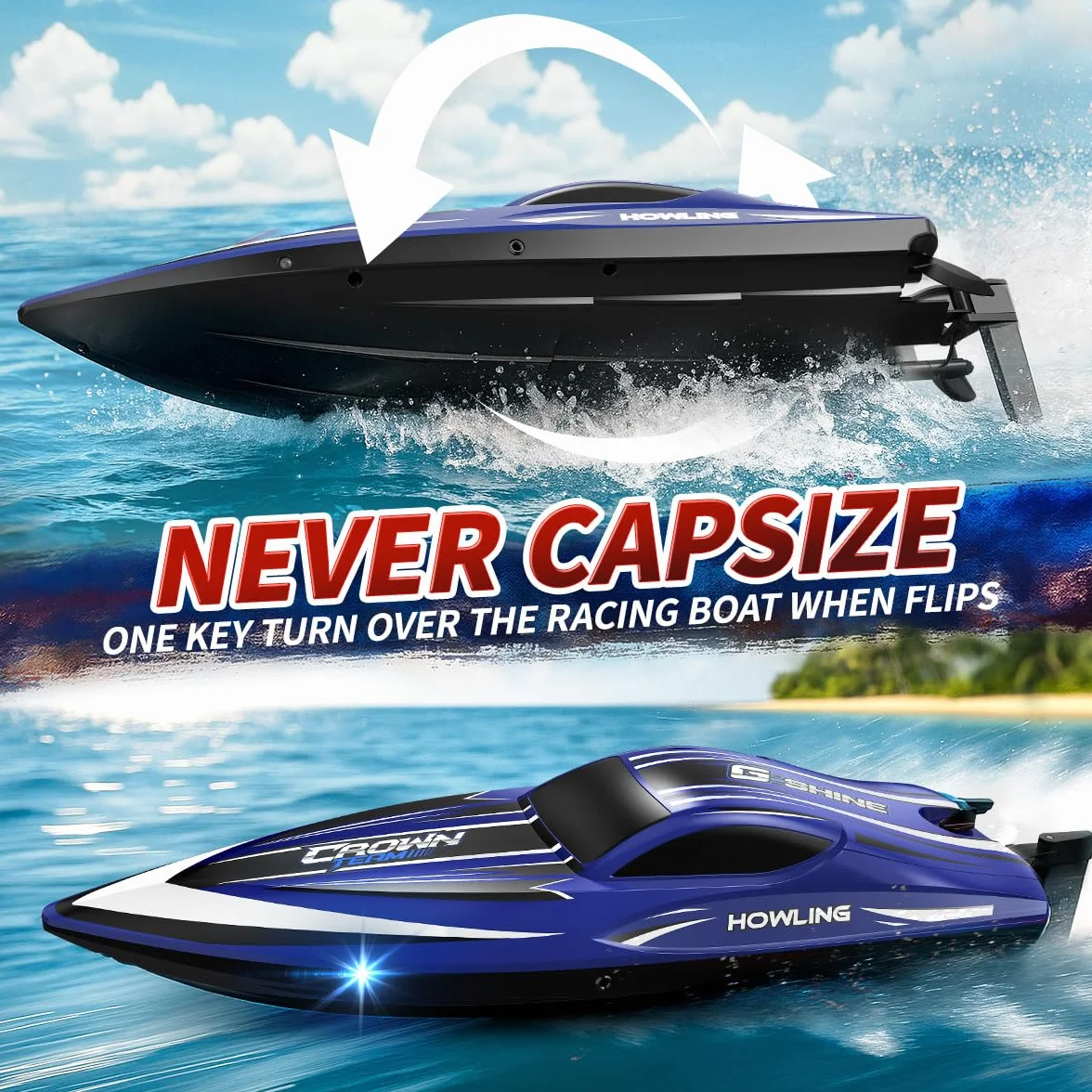 Barco teledirigido RC 35 km/h,barco de control remoto rápido e impermeable 2.4GHz,LED, Función de volteo,alarma de batería y alcance,2 baterías ,para niños y adultos, piscina y lago,Regalos divertidos