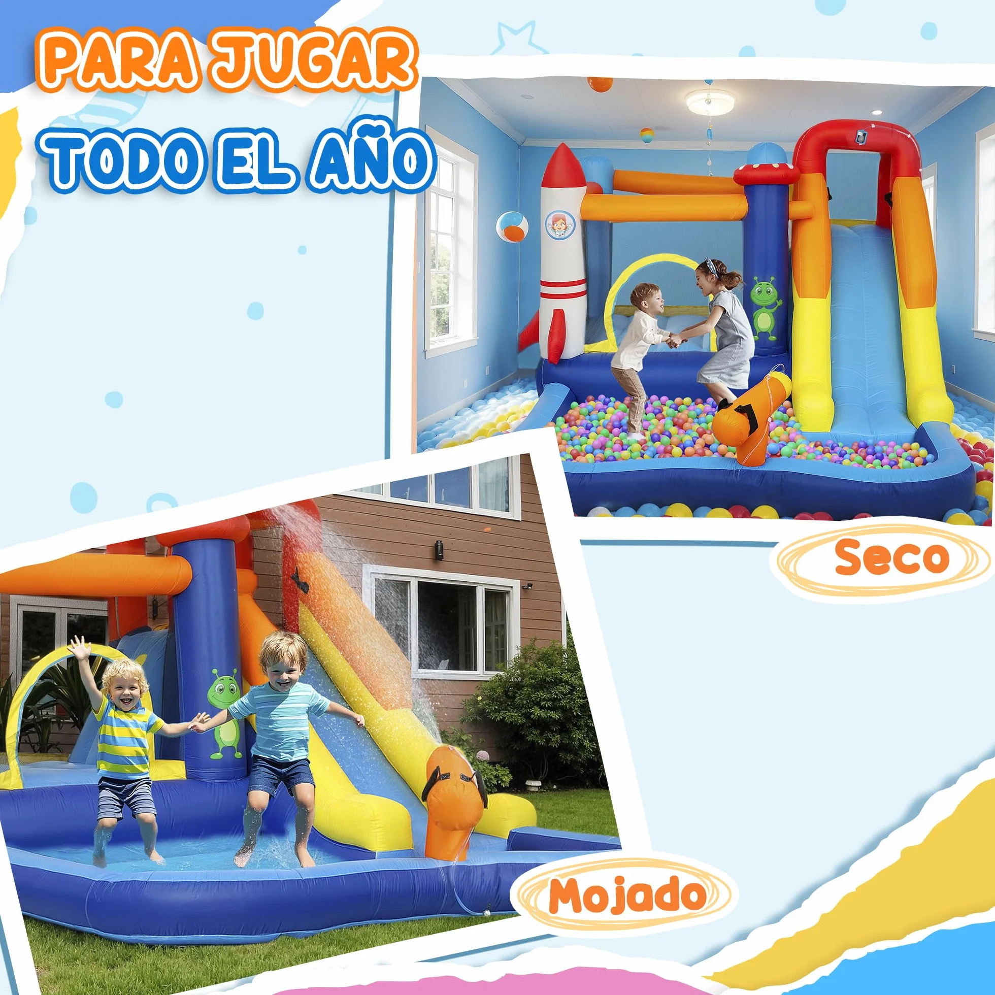 AIYAPLAY Castillo Hinchable con Soplador 5 en 1 Parque Acuático Hinchable para Niños con Tobogán Piscina de Chapoteo Escalada y Cañón de Agua para Exterior Interior 360x250x195 cm