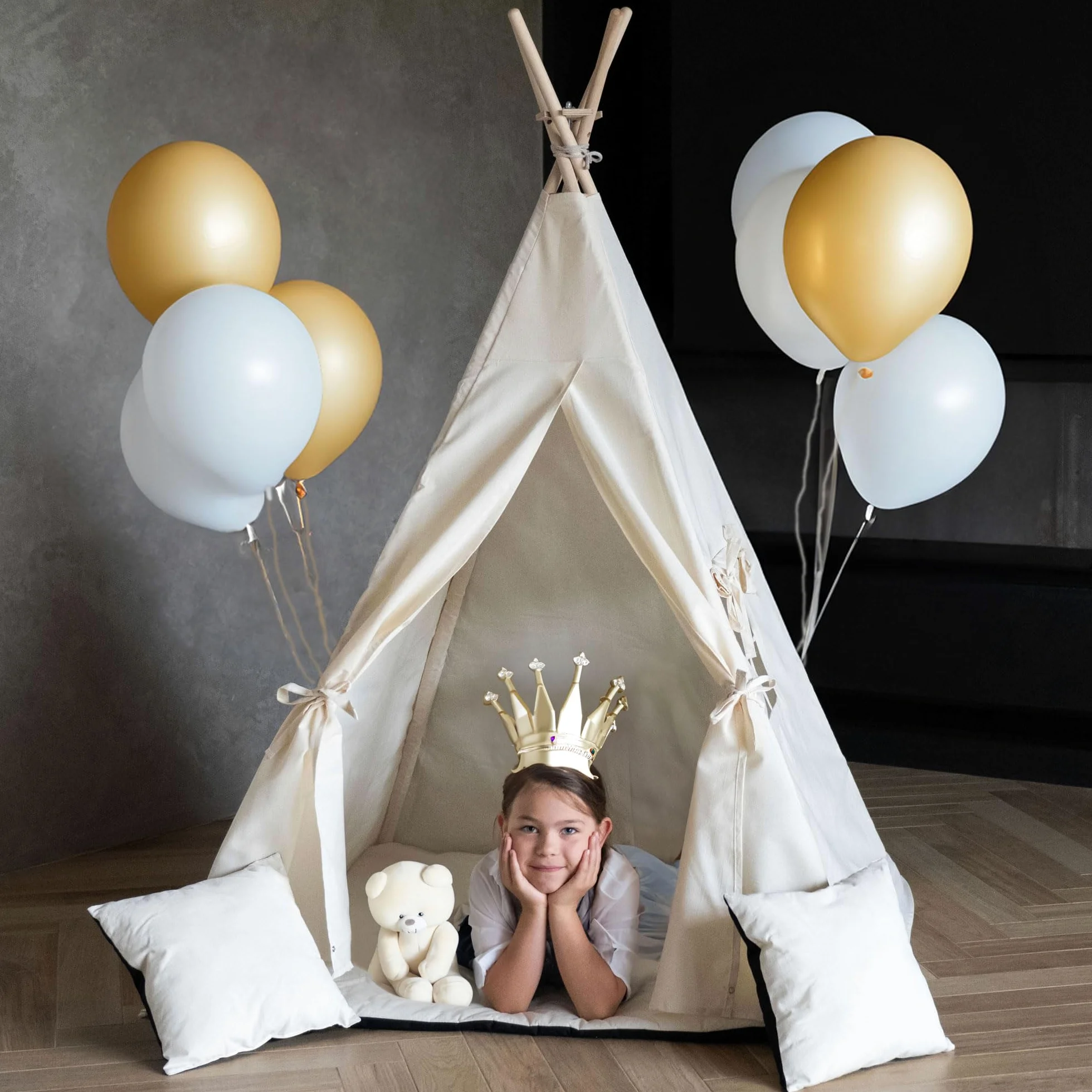PaLulli Tipi - Tienda de campaña para niños con alfombra y sistema anticolapso y 3 cojines decorativos de lona de algodón (beige)