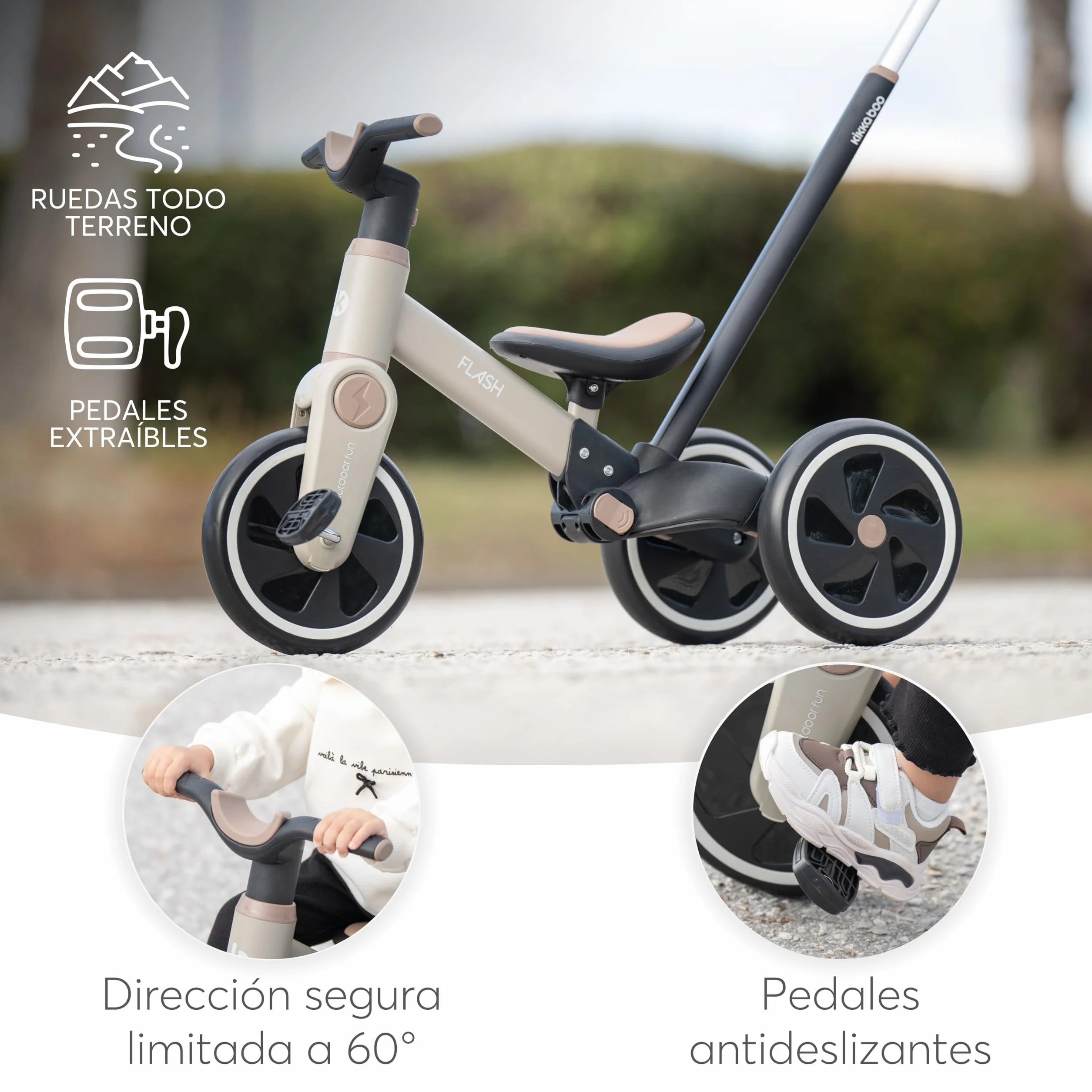 KikkaBoo Triciclo Evolutivo de Bebé 5 en 1 Flash, Desde 18 Meses a 4 Años, Transformable en Bicicleta Sin Pedales, con Manillar de Empuje Ajustable, Ligero, Ruedas EVA, Gris