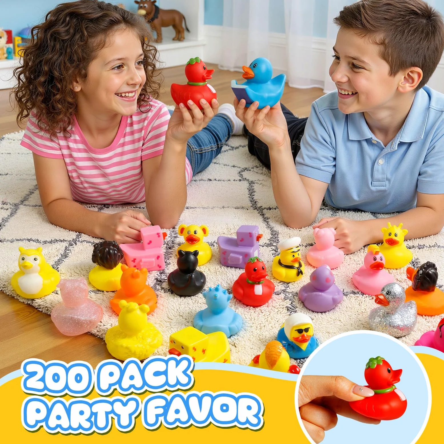 The Ultimate - Juego de juguetes para fiestas y baño: patos de goma de colores aleatorios en bolsa de malla para el baño del bebé, recuerdos de fiesta en la piscina y juegos divertidos para niños (200