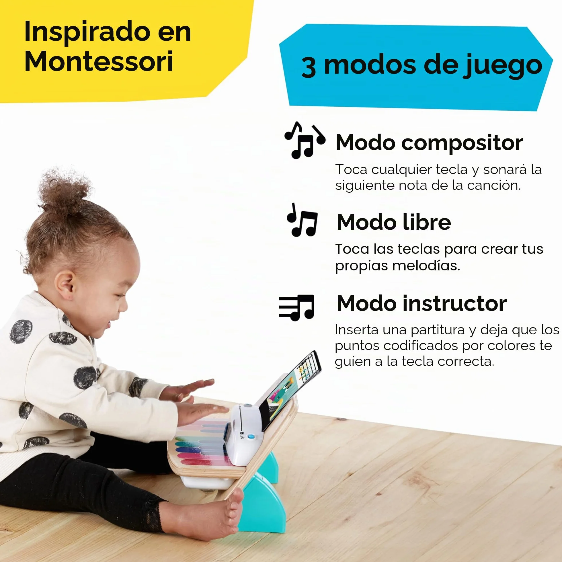 Baby Einstein, Hape, Piano Magic Touch, Juguete Musical de Madera, Incluye 3 partituras y 6 Canciones, Volumen Ajustable, a Partir de 6 Meses, Be Piano, 1 Unidad (Paquete de 1)