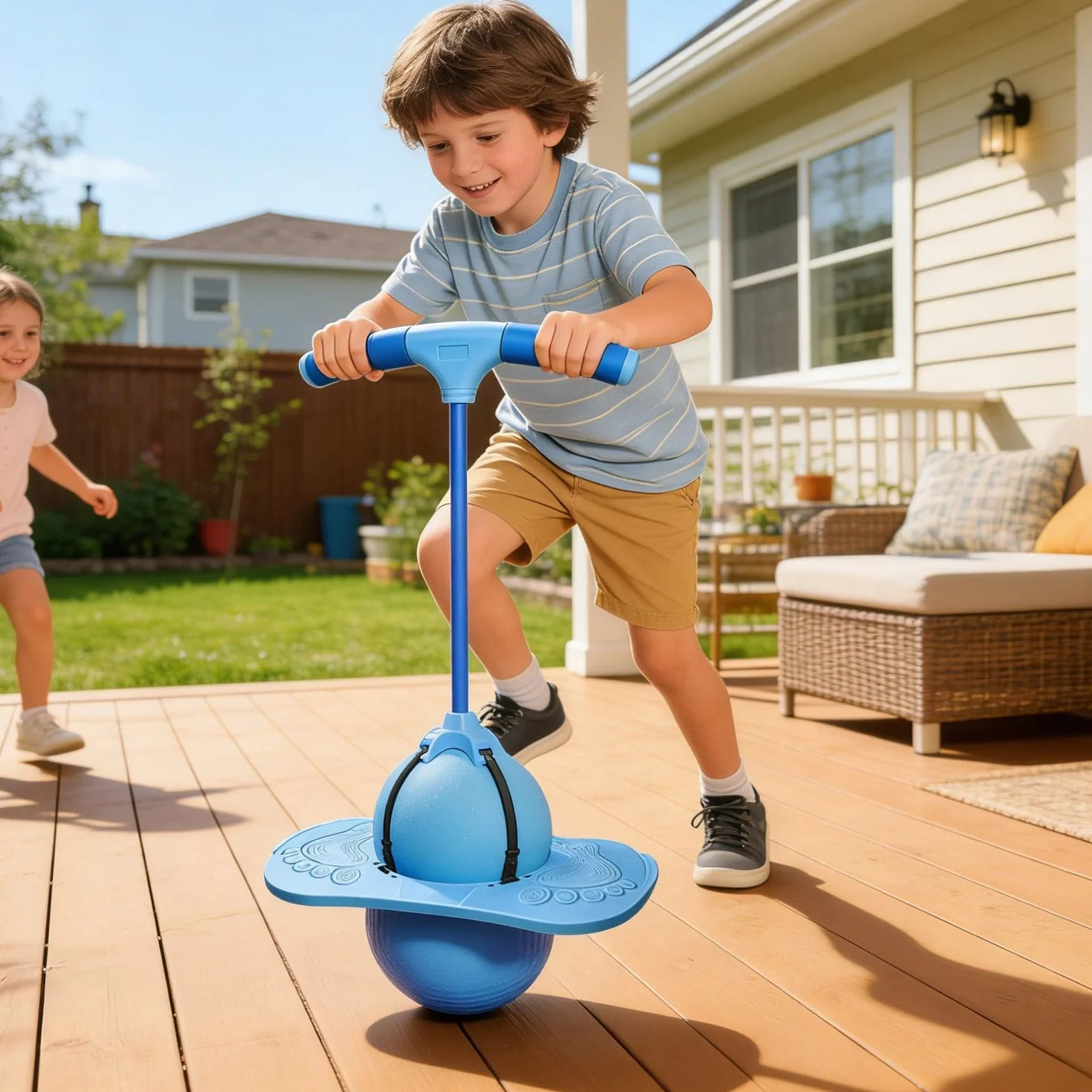 Bouncy Ball with Handle - Hopping Balance Toy for Kids and Adults | Indoor Jumping Ball for Workout and Yoga, 80x38cm Rubber + 290kg Load Capacity, Includes Inflator for Backyard