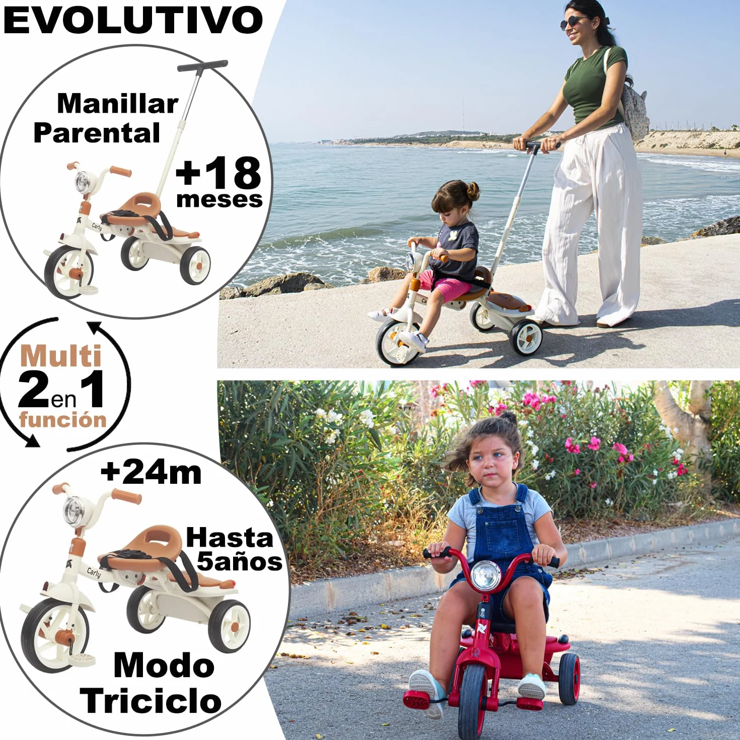 Twinly Triciclo Evolutivo Plegable Carly, Blanco, 1-5 Años | Ligero y Compacto, Manillar con Luz y Sonido, Cesta Incluida, Barra de Empuje Ajustable