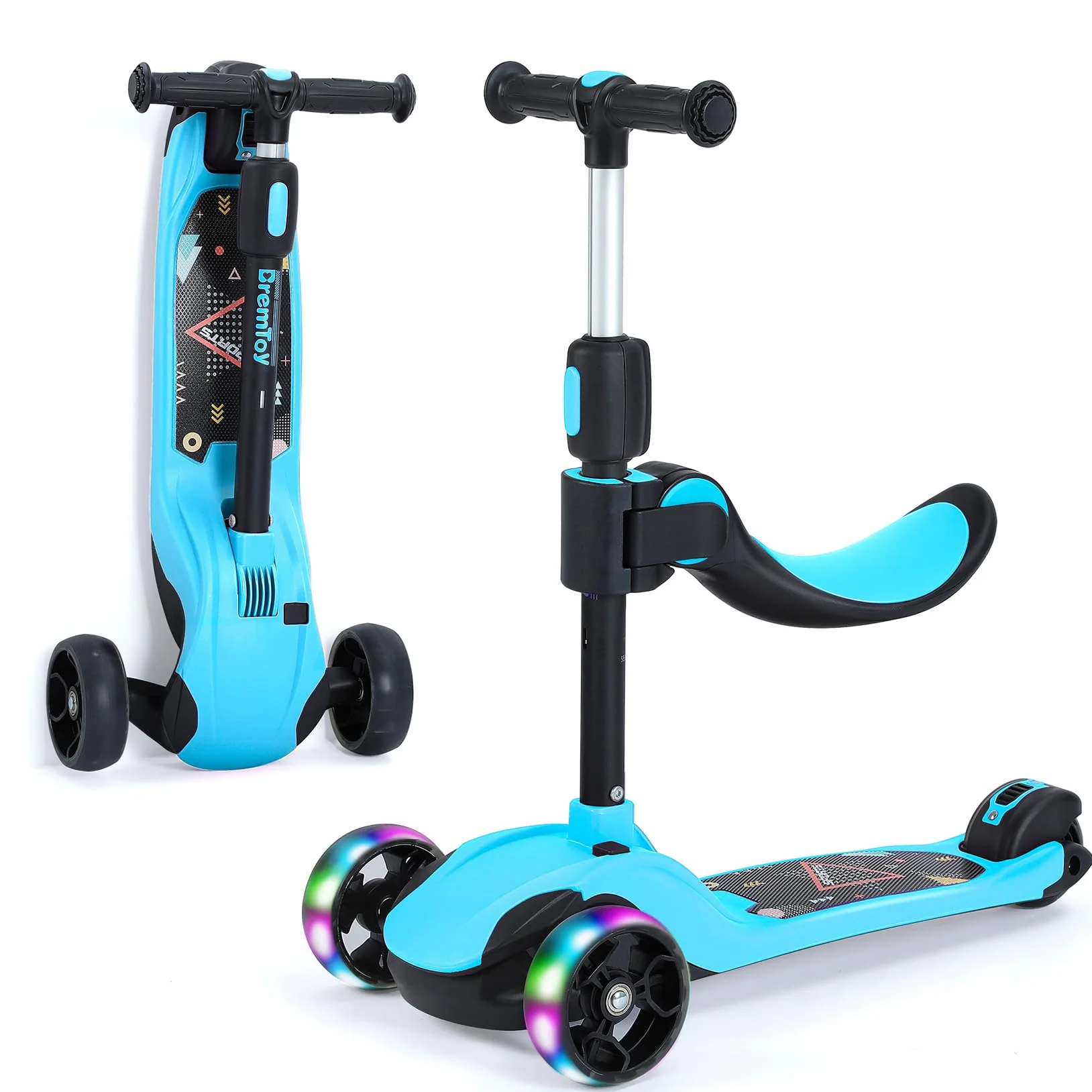 BremToy Patinete para Niños de 1 a 12 Años, Ajuste de Altura Infinito, Patinete con Asiento Extraíble, 3 Ruedas Brillantes LED, Carga Máxima 50KG, Regalos para Niños
