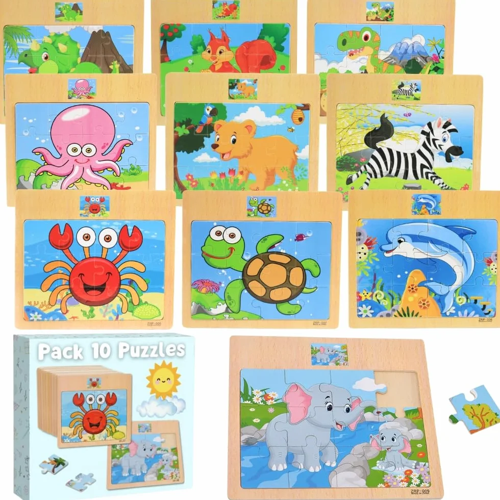 Pack 10 Puzzle Madera, Puzzles Infantiles Niños 3 a 8 Años, Juguetes Educativos, Regalos Cumpleaños Niños, Set de 10 Rompecabezas con Dinvertidos Animales (Pack 10 Puzzles)