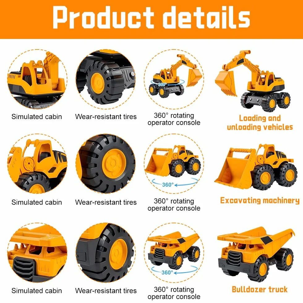 3Pcs Excavadora Juguete, Excavadora de Juguete, Excavadora para Niños, Set Vehiculos Construccion Juguete, Camión Volquete, Pala Cargadora, Excavadora, Juguetes para Niños de 3 Años o Más