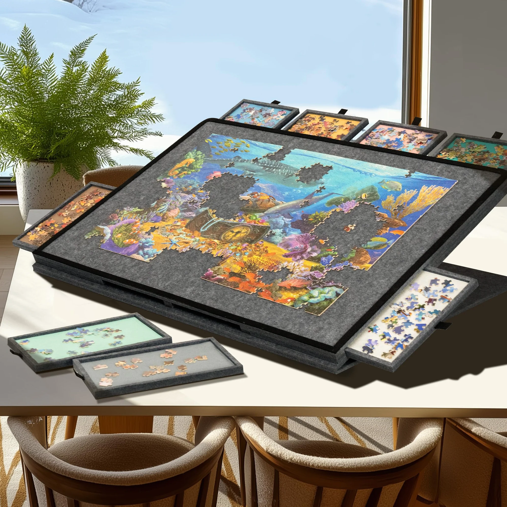 Becko US Tablero de rompecabezas inclinable con soporte y cubierta 2 en 1, estuche de almacenamiento de fieltro ligero con 8 cajones para adultos y niños, mesa de rompecabezas portátil para juegos de