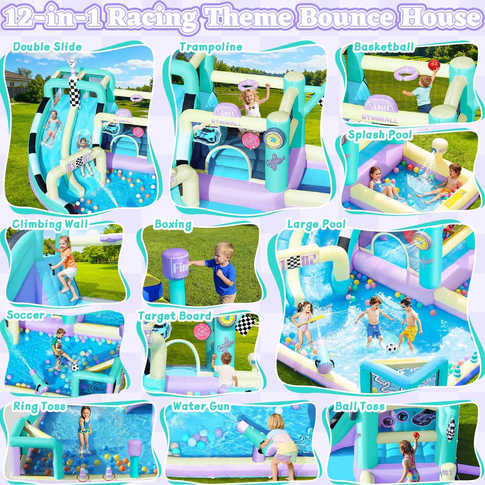 Castillo Inflable de Carreras para Niños, Gran Castillo Inflable 12 en 1 con Soplador de 750W, Doble Tobogán de Agua, Splash Pool, Zona de Salto, Apto para Interiores y Exteriores