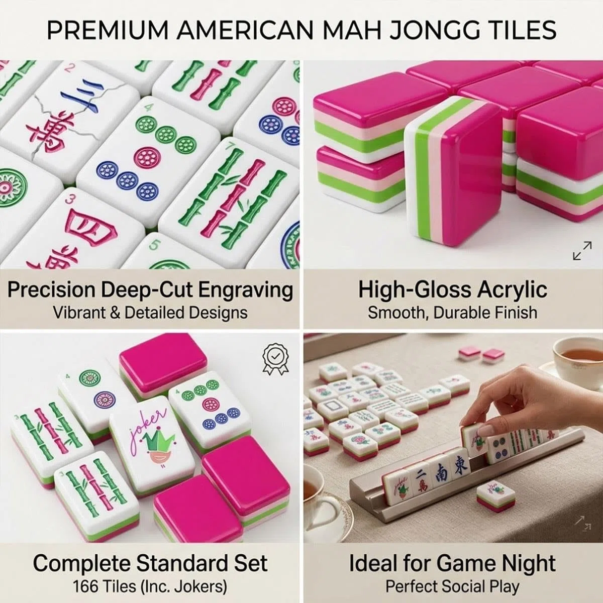 Mahjong Americano Acrílico 160 Fichas Grabadas 4 Capas Set Juego