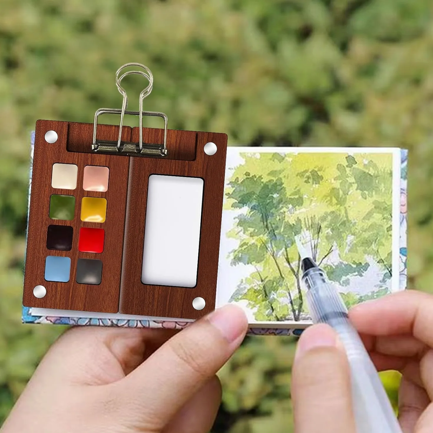 Mini Set de Acuarelas con Cuaderno y Pintura, Paquete Completo Acuarela 12 Colores Paleta Madera mini juego viaje papel acuarela, bolígrafos, clip, 8 cuadrículas para pintores, (Azul)