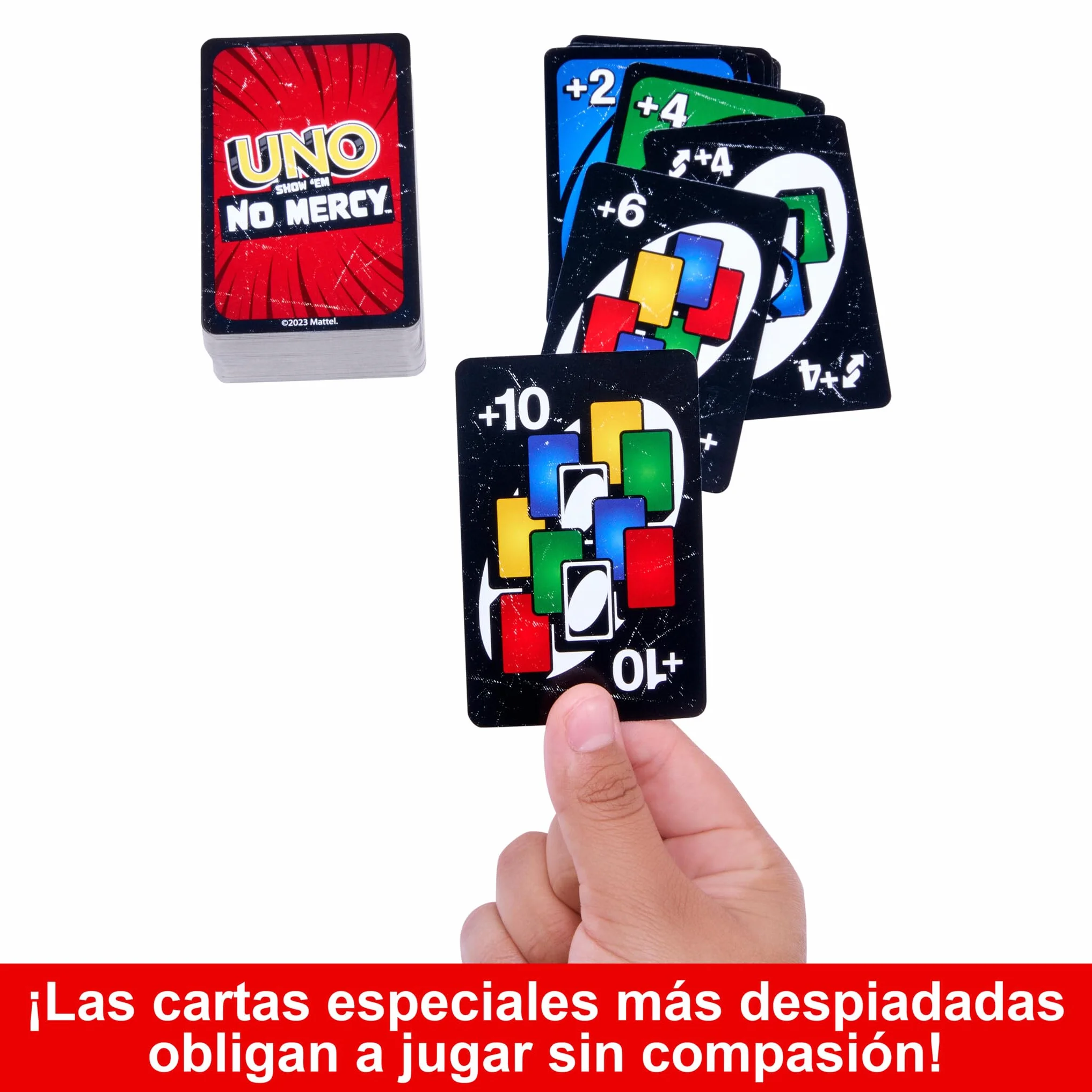Mattel Games Juego de cartas UNO No Mercy Juego de mesa familiar con cartas nuevas, reglas especiales y penalizaciones más despiadadas, +7 años (HWV18)
