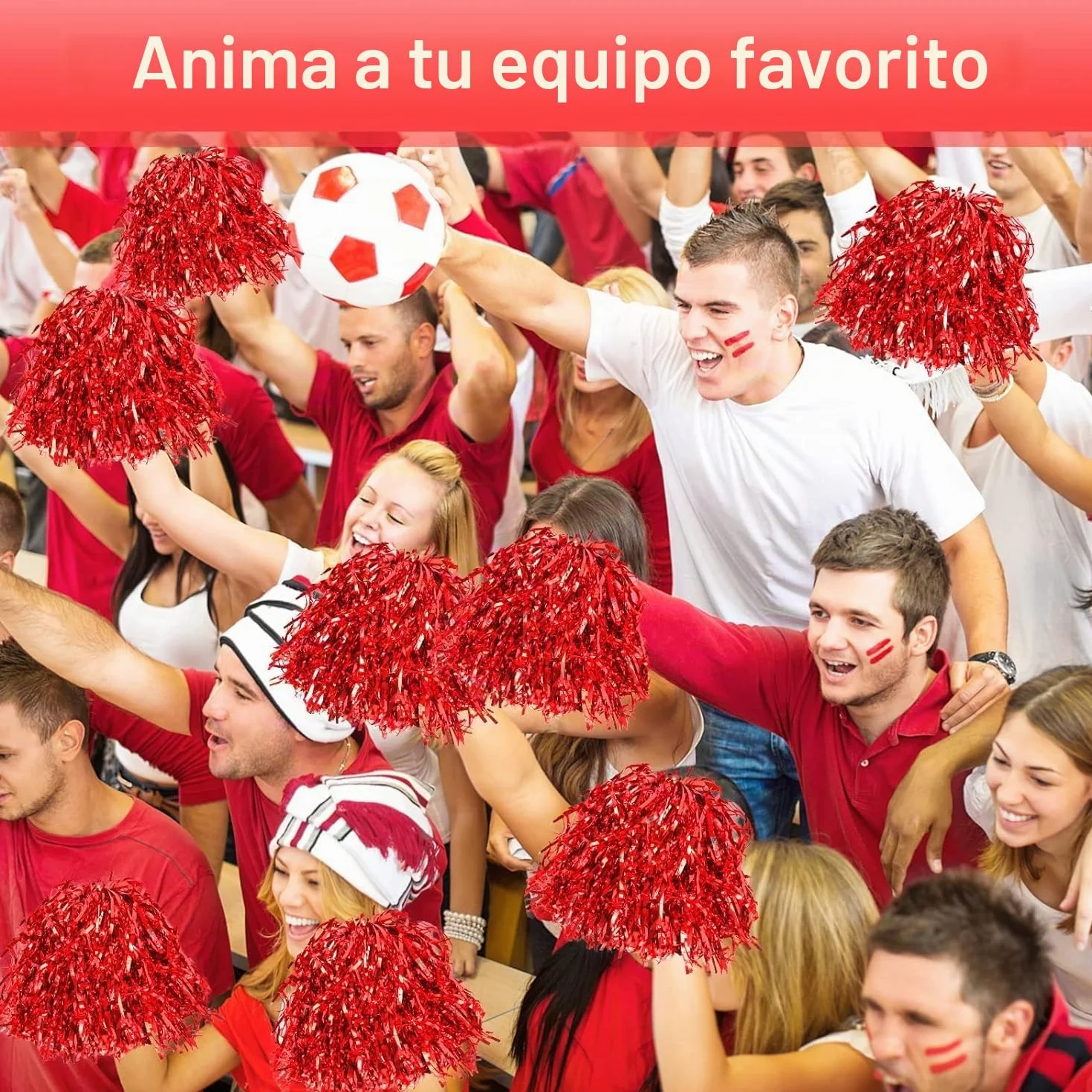 Pompones de animadora de lámina con asa para juegos de pelota, baile, fiesta (rojo)