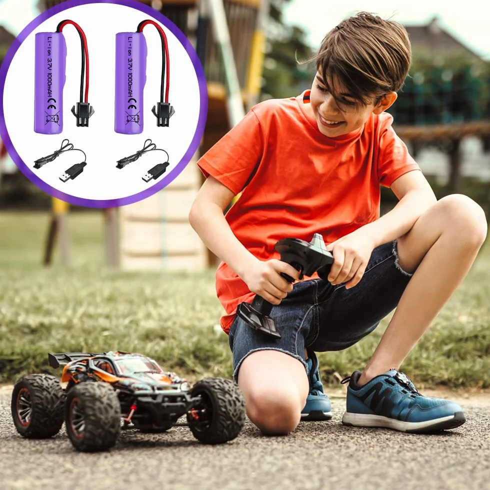 2 Piezas de 1000mAh 3.7V RC Batería, Baterías de Litio Recargables con Cable de Carga UBS Conector SM-2P, Batería Li-Ion Universal Compatible para Vehículos RC, Barcos, Tanques, Coches, Robots
