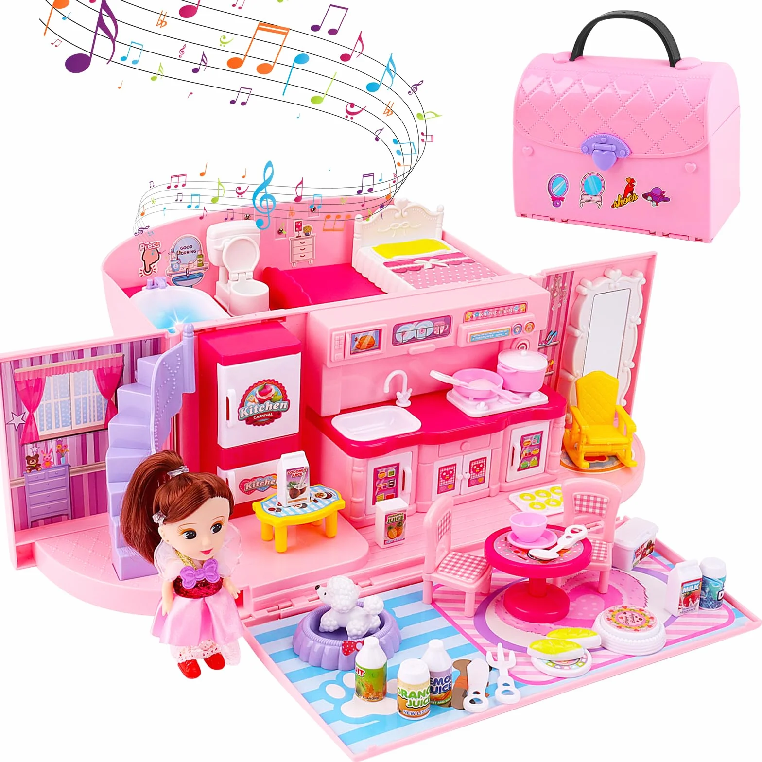 deAO Casa de Muñecas Portátil: Casa de Muñecas con Diseño de Bolso para Niñas a Partir de 3 Años, Juguete Plegable para Viajar con luz y Música, Incluye Muñeca, Perro y Muebles, Regalo (Rosa)