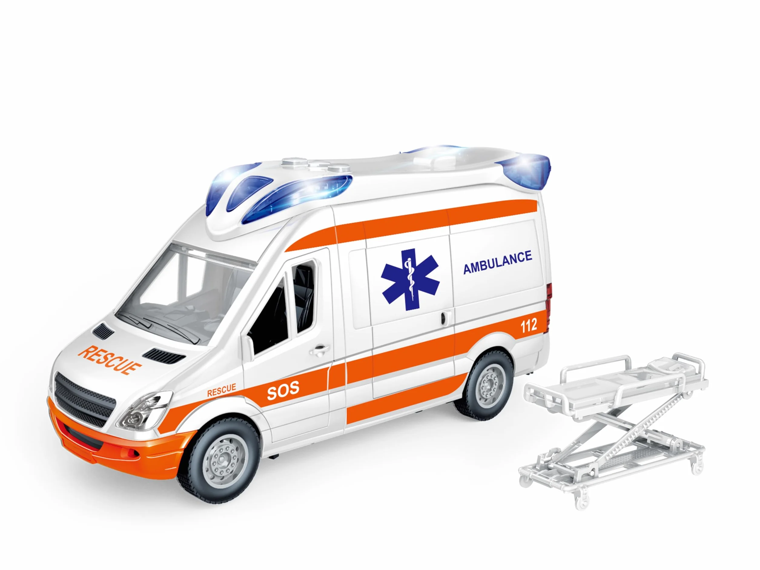 Teorema – Ambulancia Play City Escala 1:12, Juguete de Primeros Auxilios para niños, vehículo de Emergencia con Luces, Sonidos y Camilla Ajustable