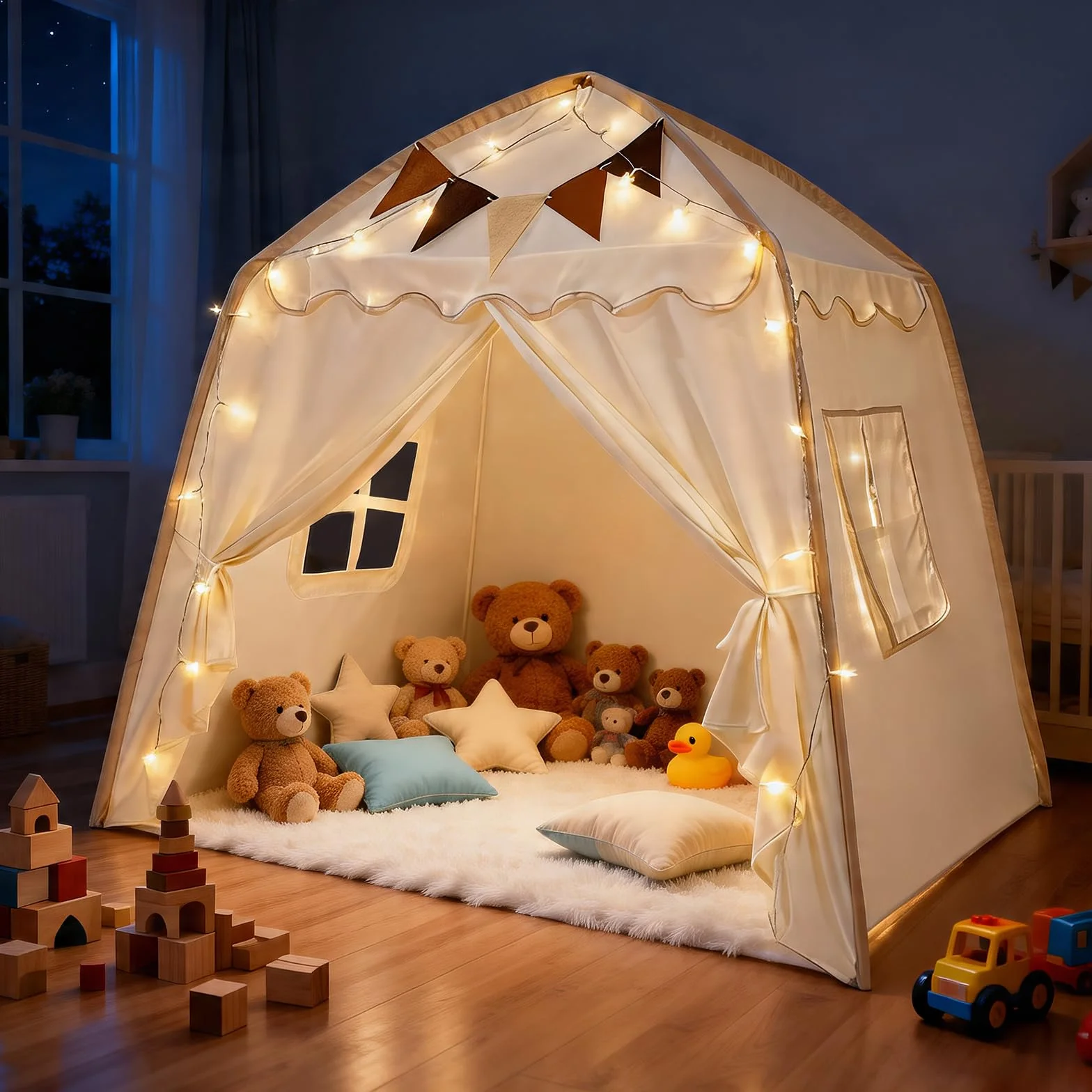 Tienda Campaña Infantil Tipi Cabañas para Niños con Luces y Banderas Casa de Juegos Carpa de Princesa Grande Regalo con Ventanas