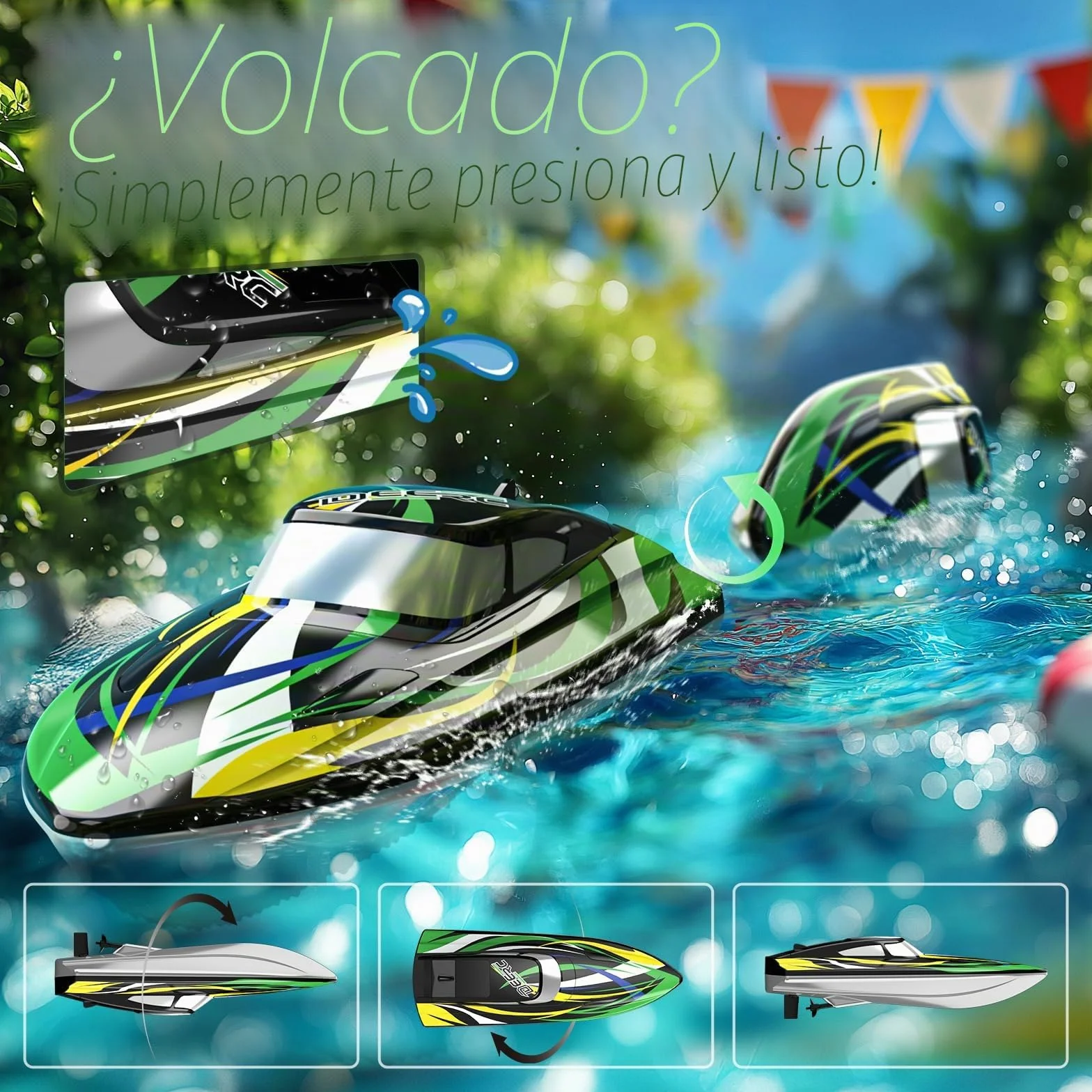 DEERC - Barco teledirigido de alta velocidad con luces LED, barco de carreras RC rápido autorectificador, 2 baterías para más de 24 minutos de autonomía, mando a distancia de 2,4 GHz, juguete para