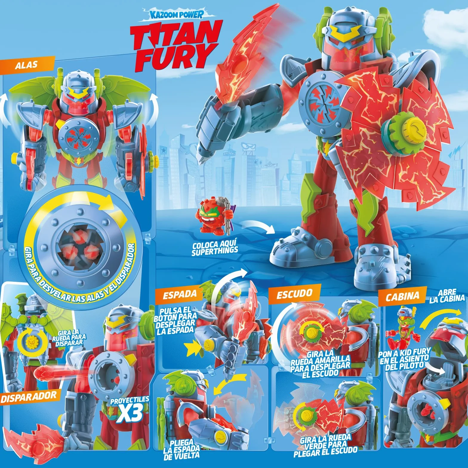 SUPERTHINGS KAZOOM Power Titan Fury Robot z Espada, Escudo, Alas y Disparador