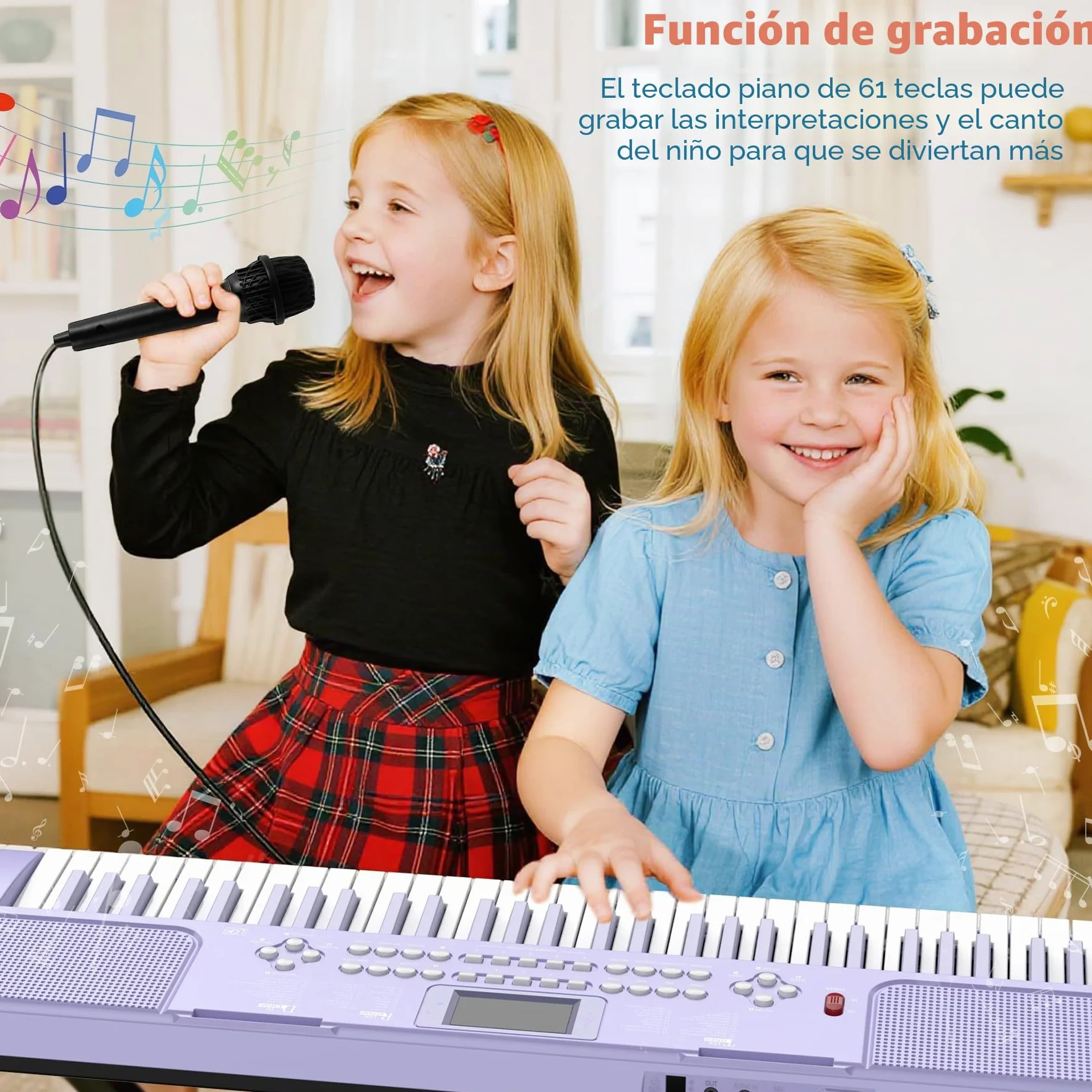 Piano digital electrónico para niños con teclas iluminadas, portátil, de 61 teclas, juguete musical educativo para principiantes con atril y micrófono. (Púrpura)