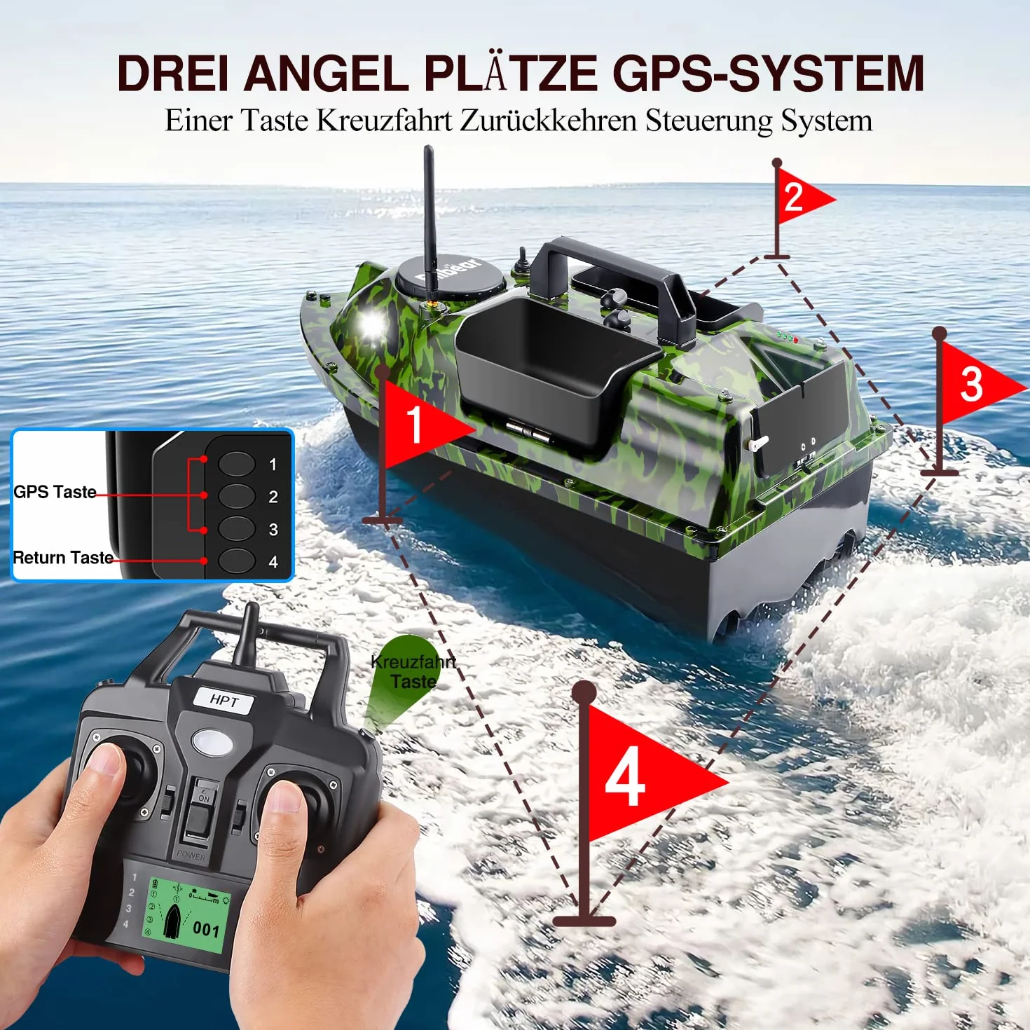 barco de cebo GPS con echólot y GPS, 3 compuertas, suministro de cebo, pesca con sensor sonar, batería de repuesto, bolso (Camo Boot con buscador de pescados)