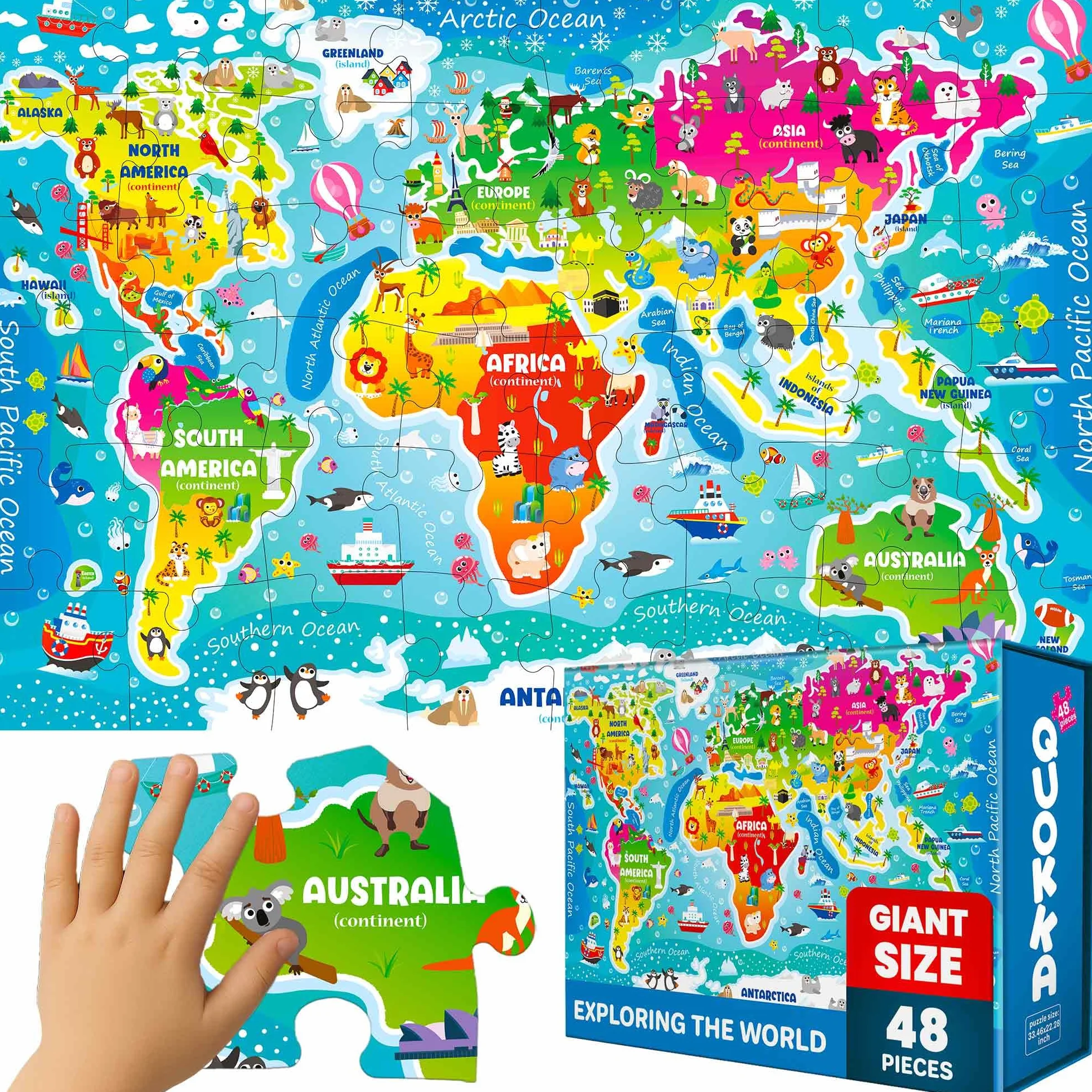QUOKKA Puzzle Mapa Mundi Infantiles 3 4 5 Años - 60x90 cm 48 Piezas Puzzle XXL Gigante de Suelo para Niños 5 6 Años - Grande Juguete Mundo - Regalo Educativo para Niños y Niñas de 2 a 6