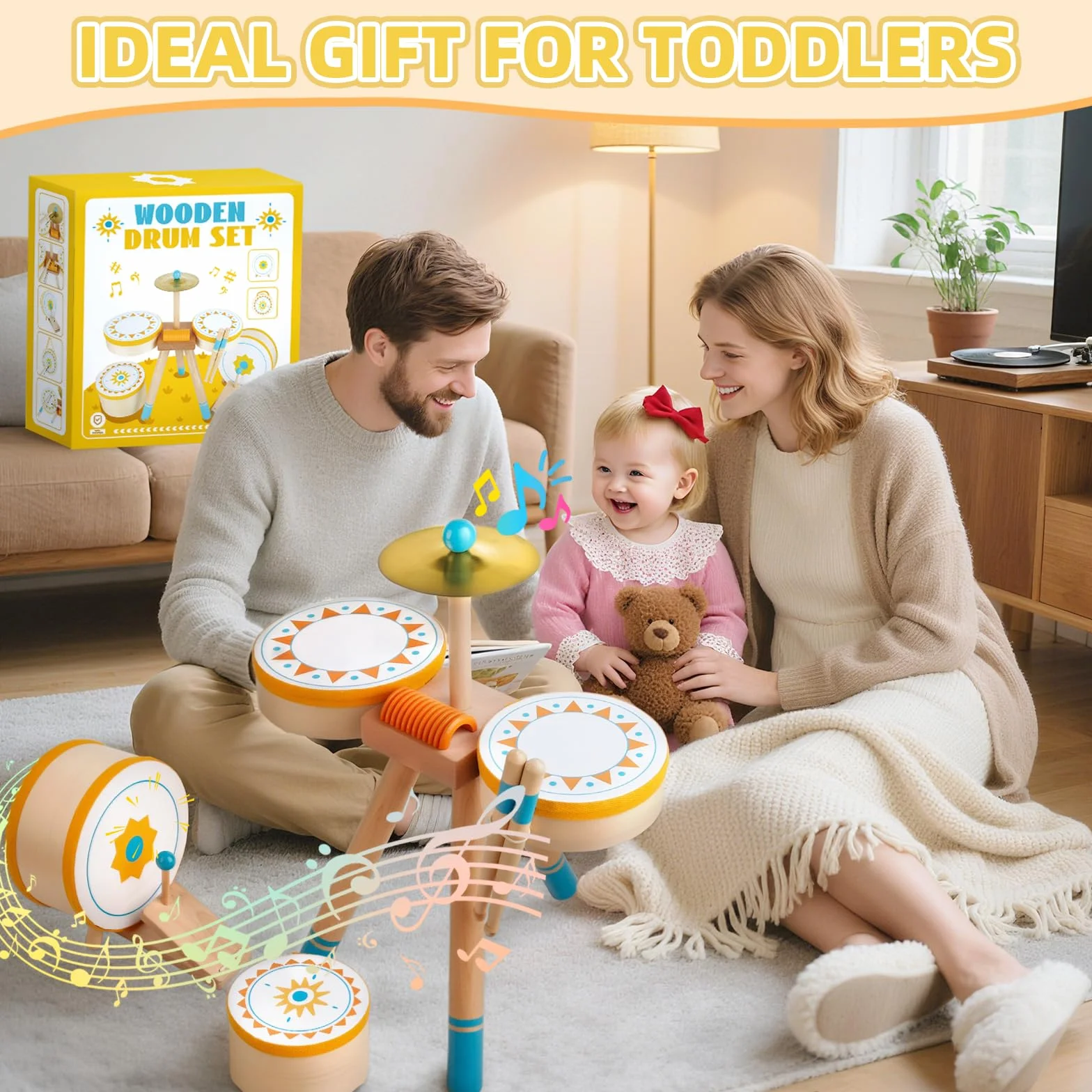 Tambor Montessori para Bebés de 1+ Año | Set de Tambores Educativo de Madera para Niños Pequeños 1-3 Años | Instrumentos Musicales para Bebés, el Regalo Cumpleaños/Navidad para Niños y Niñas